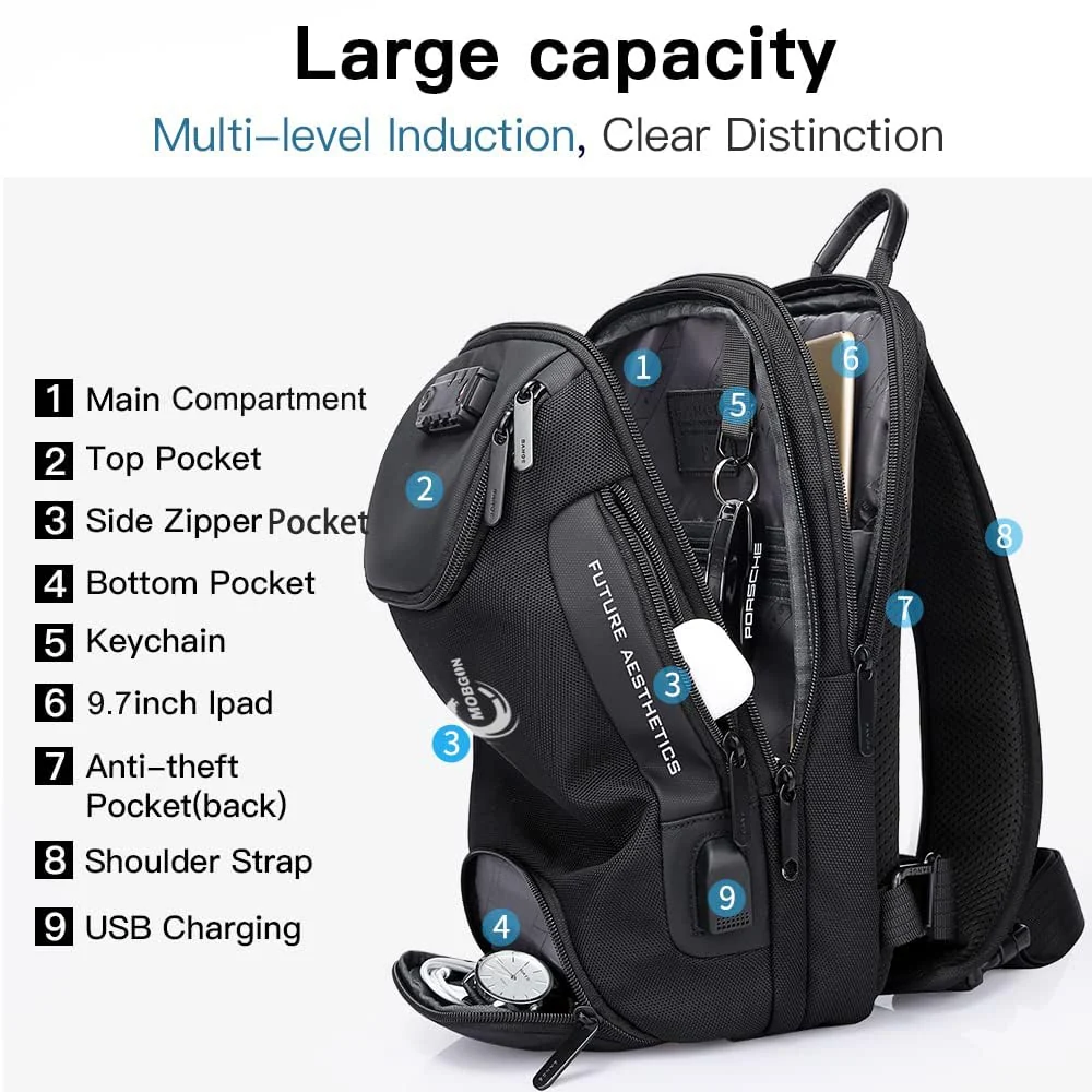 Mobigon Chest Bag for Men, Sling Crossbody Backpack with USB Charging Port & Combination Lock, Waterproof Shoulder Bag, Fits up to 12 Inch Tablet, Anti-Theft Travel Work Hiking Bag - Black