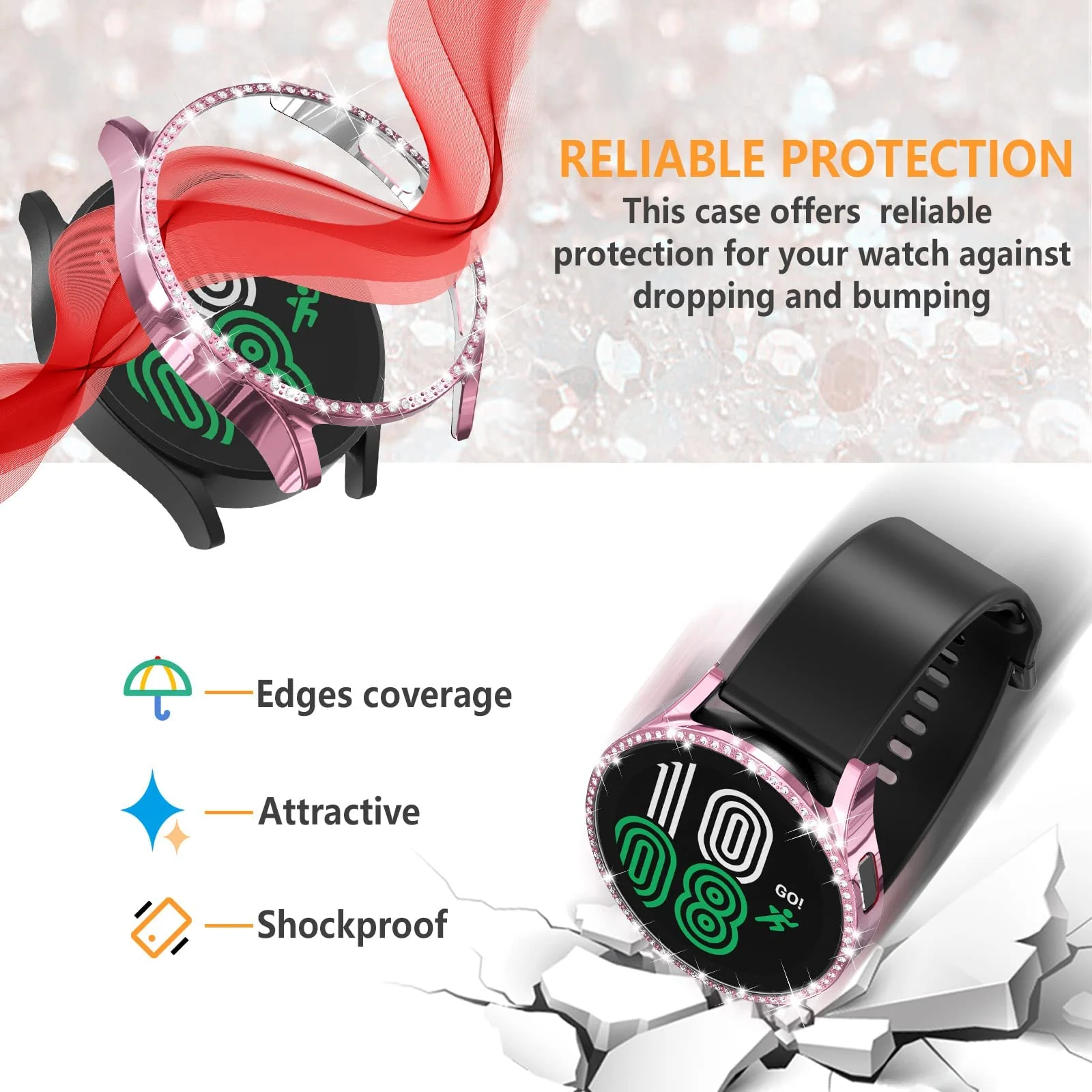 DL3 Mobilak Bumper Diamond Case Compatible with Samsung Galaxy Watch 4 Classic 46mm, Bling Crystal Diamonds PC Plastic Protector Case Cover Frame For Galaxy Watch4 Classic 46 MM - Pink