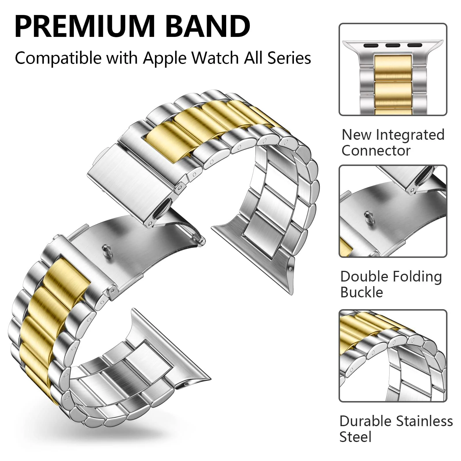 DL3 Mobilak Stainless Steel Band with Case Compatible with Apple Watch Band Series 9/8/7 45mm, Men Woman Business Metal Strap with Protective Bumper Cover for iWatch Series 7/8/9 45mm - Silver Gold