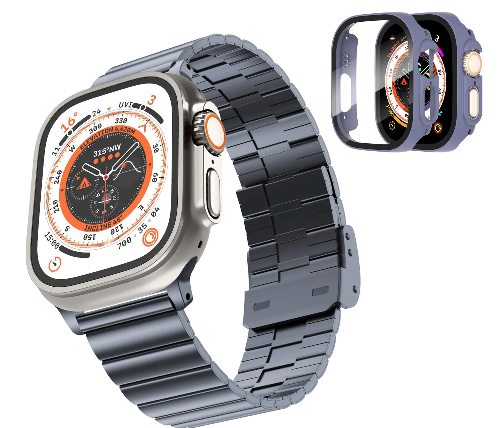 DL3 Mobilak Case with Strap For Apple Watch Ultra 2 49mm Stainless Steel Metal Straps, Hard PC Case With Glass Screen Protector Cover with Strap Bands for Apple Watch Ultra 49mm - Black