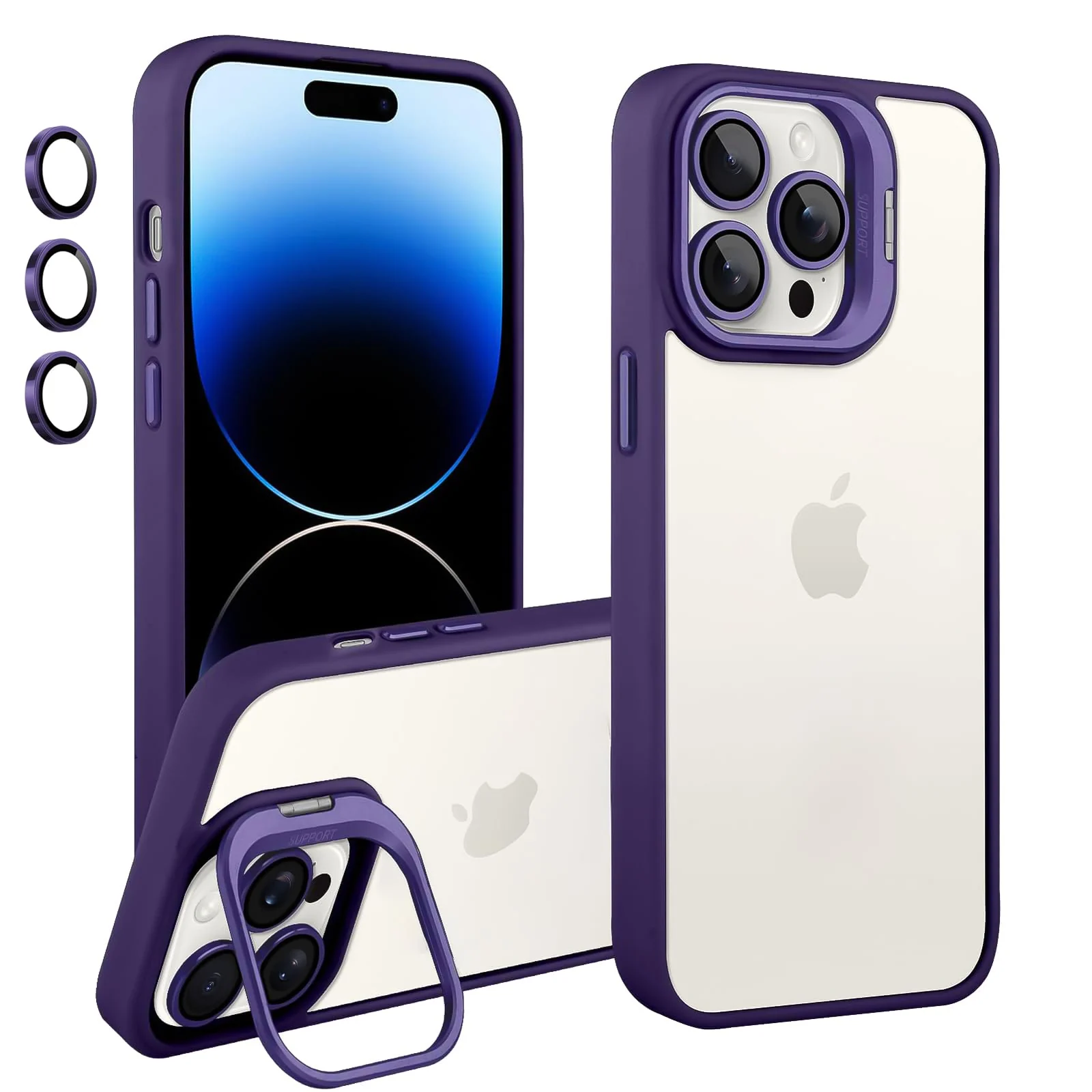 DL3 Mobilak Clear PC and TPU Case with Camera Ring Kickstand and Lens Protector for iPhone 15 Pro - Purple