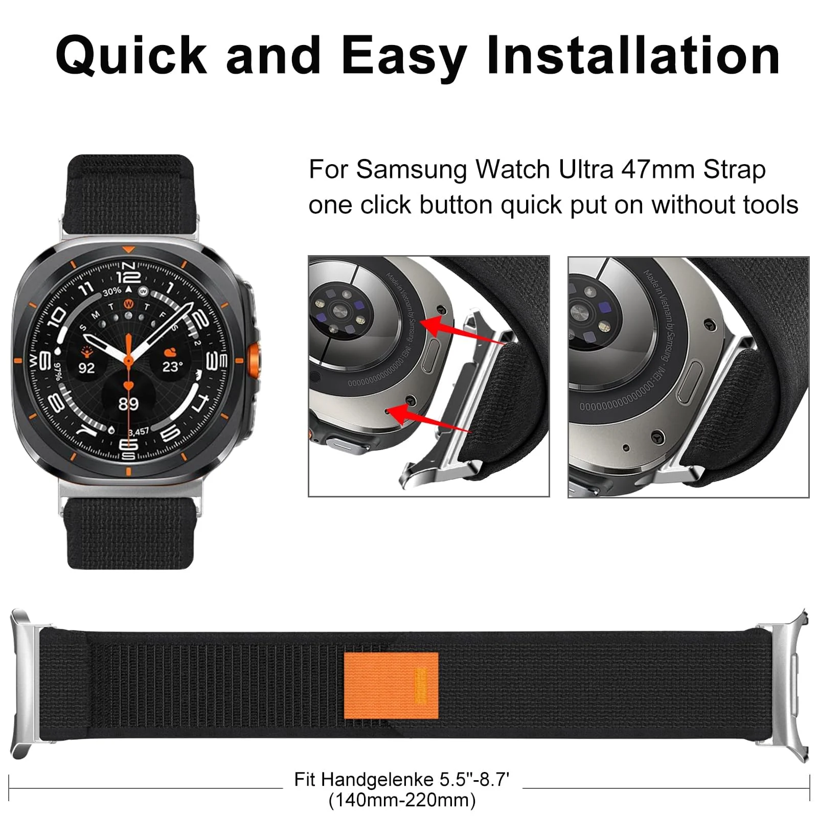 DL3 Mobilak For Samsung Galaxy Watch ultra Strap 47mm, One Click Trail Loop Strap for Men Women, Soft Nylon Sport Loop Elastic Replacement Wristband for Galaxy Watch 7 Ultra - Black