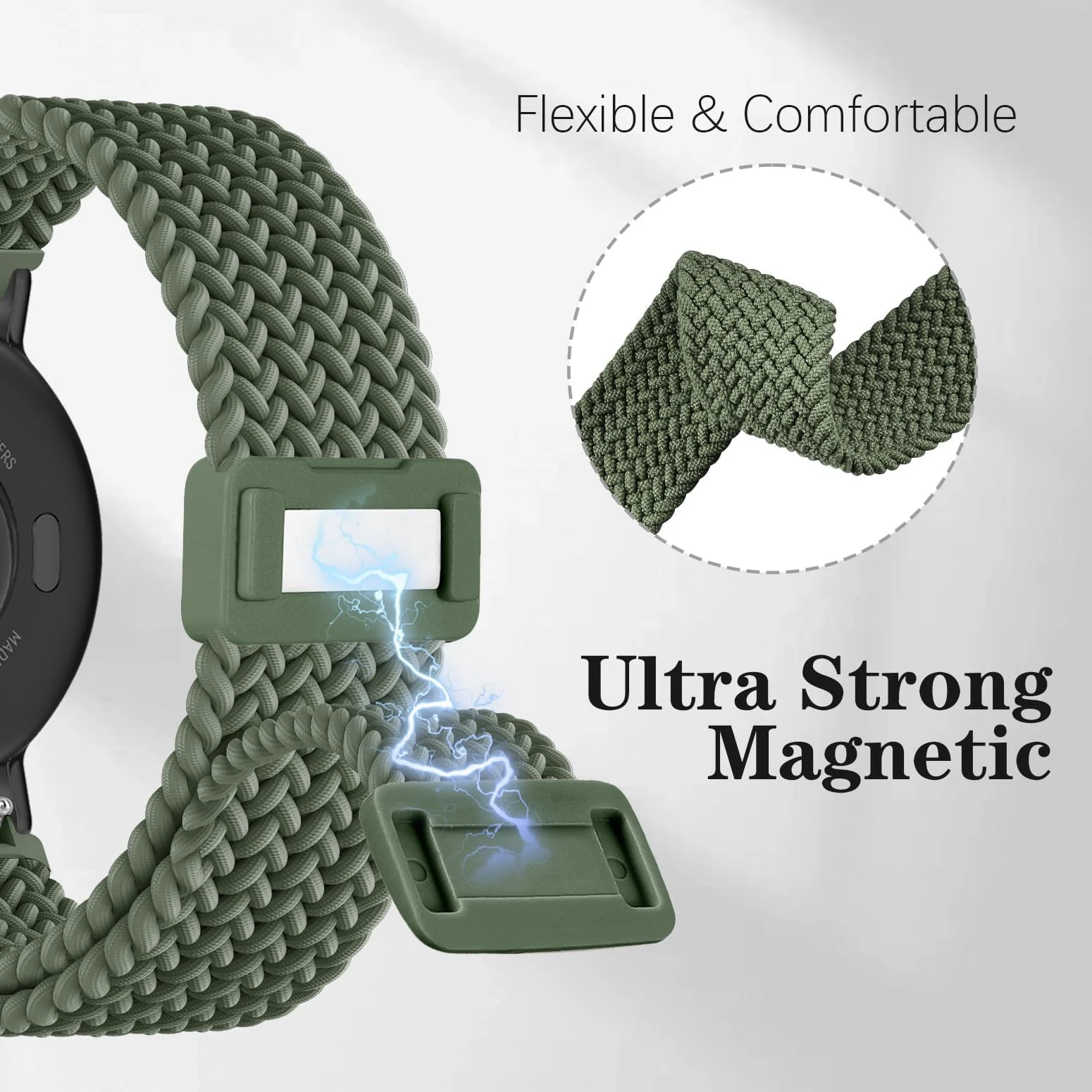 DL3 Mobilak 20mm Magnetic Band for Samsung Galaxy Watch 7/6/5/4/FE Band 40mm 44mm/Galaxy Watch 6/4 Classic Bands 47mm 43mm 46mm 42mm/Watch 5 pro 45mm/3 41mm/Active 2, Stretchy Braided Nylon Magnetic Sport Strap - Green Ash