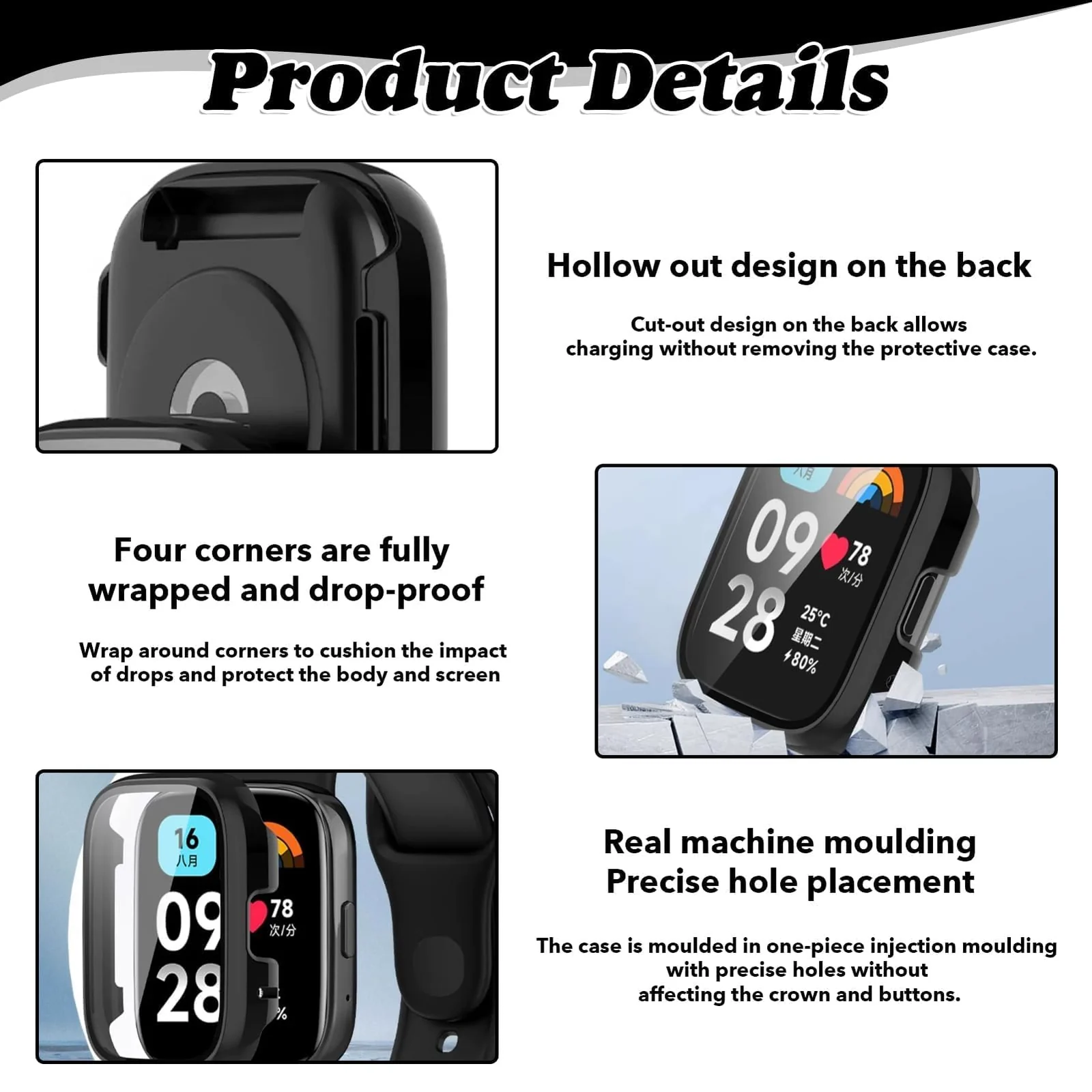 DL3 Mobilak Case with Screen Protector for Xiaomi Redmi Watch 3 Active/Redmi Watch 3 Lite, Bumper Full Coverage Hard PC Overall Protective Cover, Built-in Tempered Glass High Sensitivity - Black