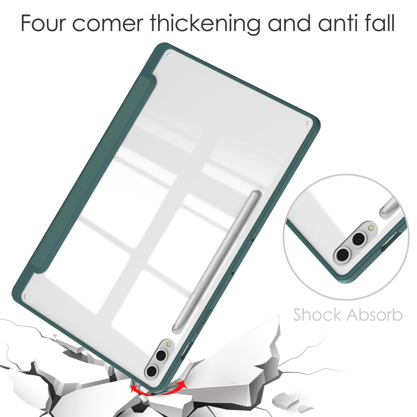 DL3 Mobilak Case for Samsung Galaxy Tab S10 Plus/Tab S9 Plus 12.4-Inch with S Pen Holder, Clear Transparent PC Back, Shockproof Tri-Fold Stand Tablet Cover, Auto Wake/Sleep - Green