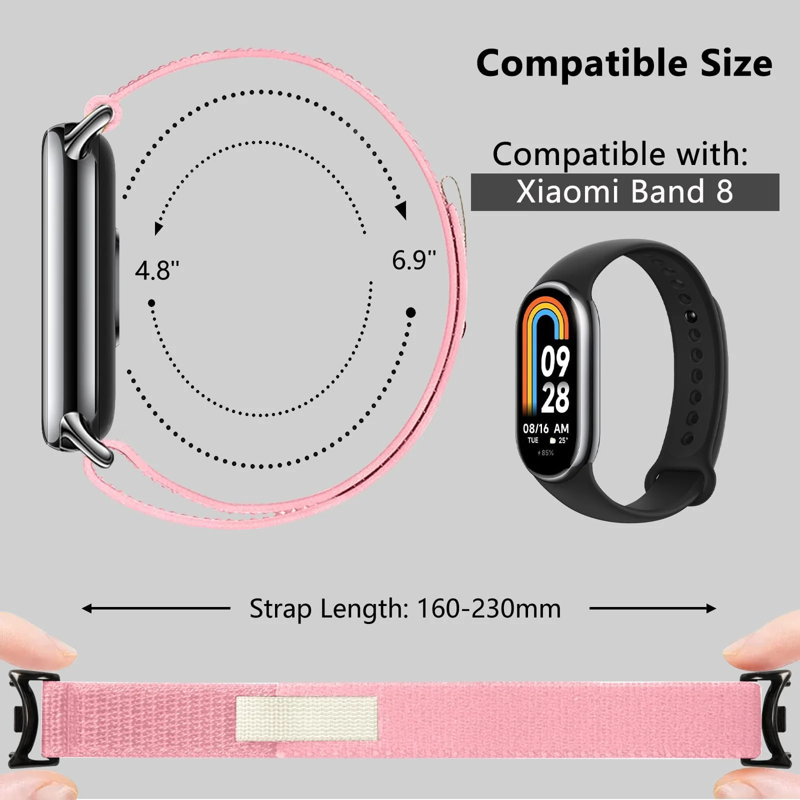 DL3 Mobilak Sport Bands Nylon For Xiaomi Mi Band 10/9/8 Men Women, Adjustable Elastic Breathable Soft Stretchy Wristband Loop Replacement Strap for Xiaomi Smart Band 8/9/10 - Pink