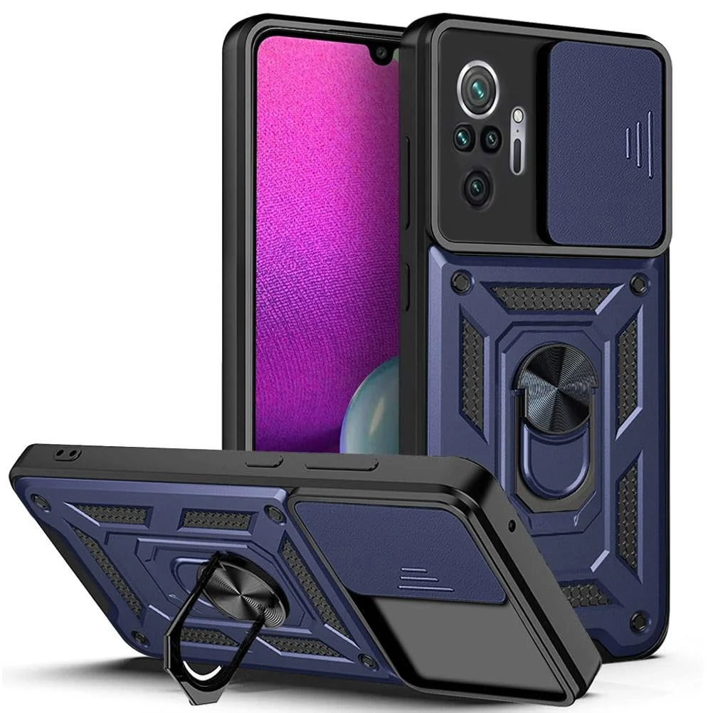 DL3 Mobilak Protective Case with Sliding Camera Cover, Metal Ring Kickstand and Magnetic Car-Mount Support for Xiaomi Redmi Note 10 Pro / Note10 Pro Max - Blue