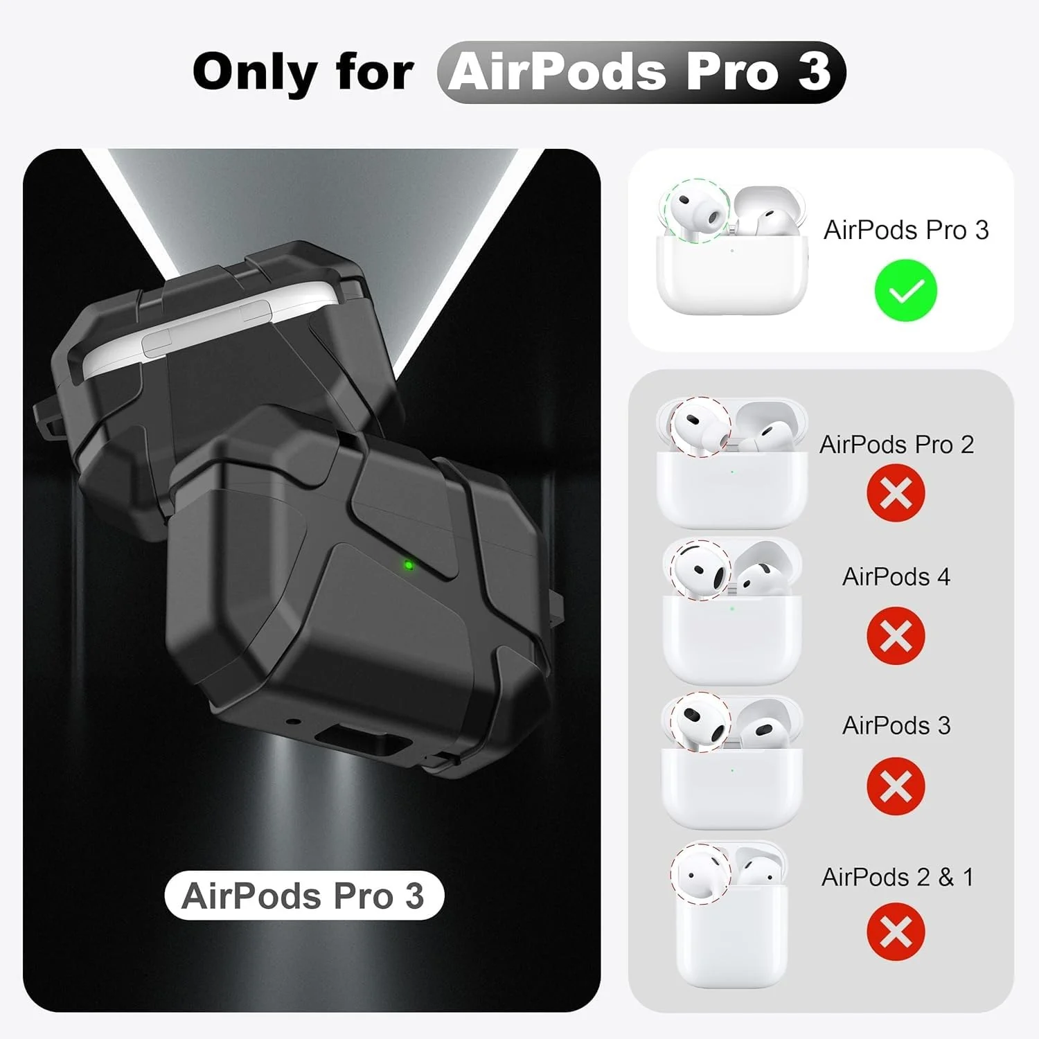 DL3 Mobilak AirPods Pro 3 (2025) Case, Shockproof Silicone Protective Case for Apple AirPods Pro 3 (2025) Generation, Hard Shell Design, Anti-Scratch, Front LED Light with Carabiner - Black