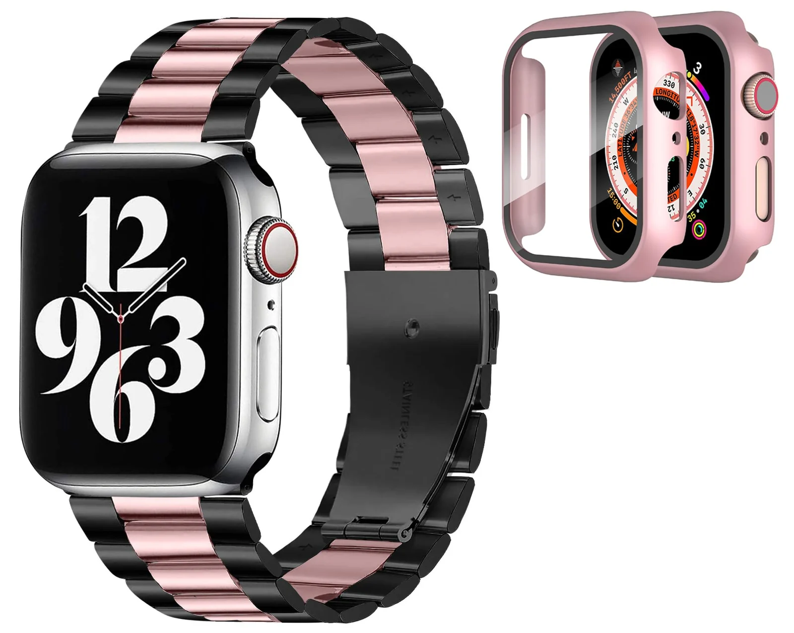 DL3 Mobilak Stainless Steel Band with Case Compatible with Apple Watch Band 45mm Series 9/8/7, Men Woman Business Strap with Protective Bumper Cover for iWatch Series 7/8/9 45mm - Black Pink