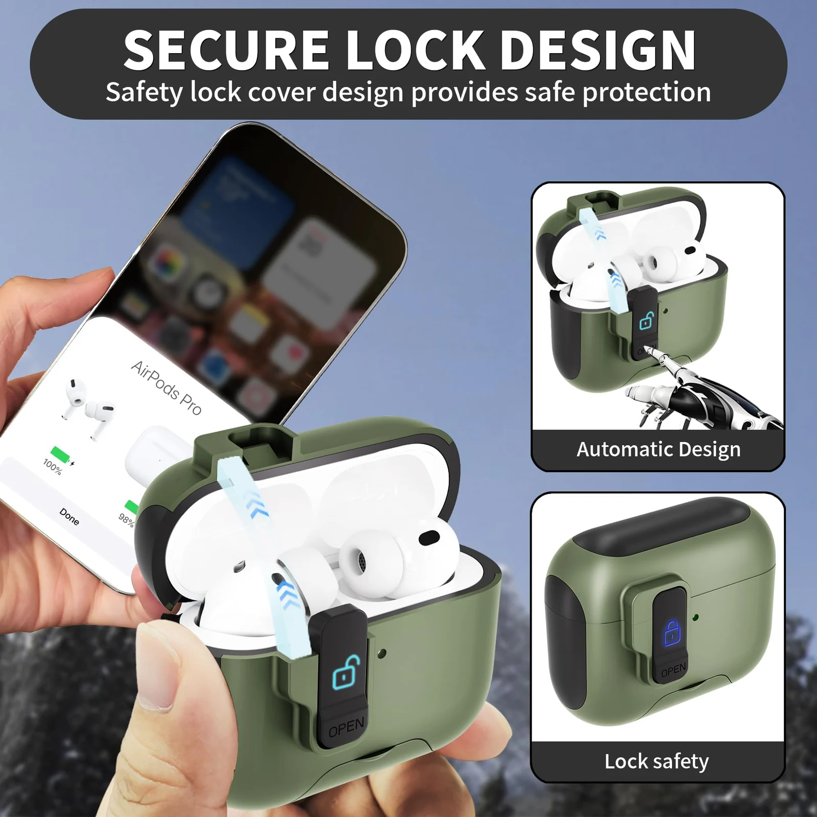 DL3 Mobilak Case for Airpod Pro Case Cover with Lock, Compatible with AirPods Pro 2nd Generation/1st Generation (2023/2022/2019), Shockproof Cover for AirPods Pro 2 Case Men Women - Olive Green Black