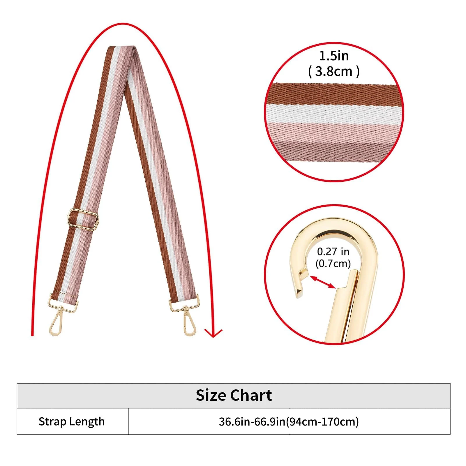 DL3 Mobilak Adjustable Wide Crossbody Bag Strap for Women, Replacement Shoulder Strap for Handbags, Totes & Purses with Elegant Embroidered Pattern and Metal Hooks - Brown/White/Pink