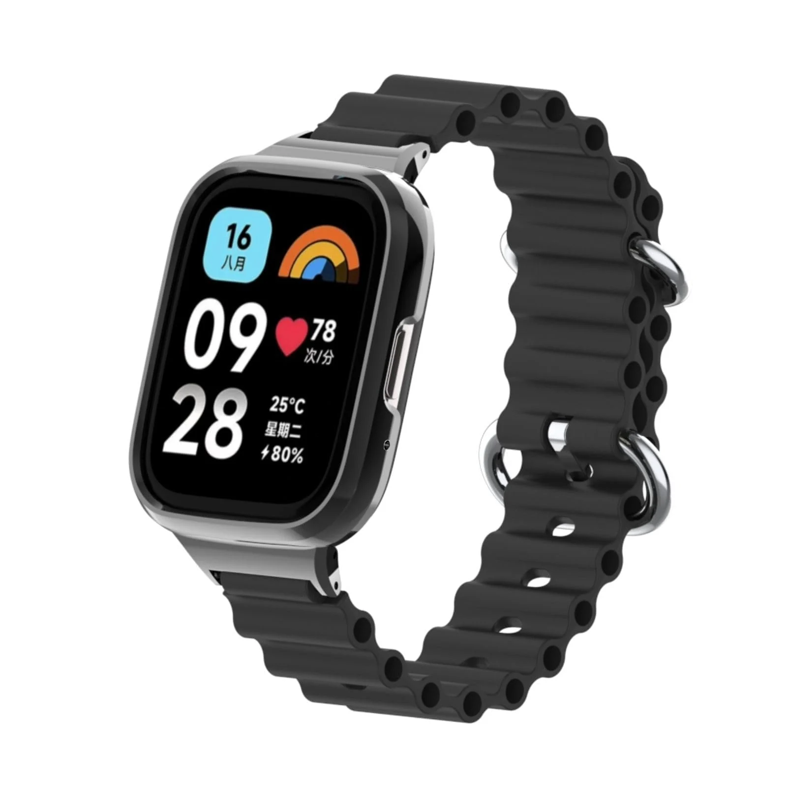 DL3 Mobilak Ocean Strap Compatible with Xiaomi Redmi Watch 3 Lite/Redmi Watch 3 Active, Adjustable Silicone Strap with Metal Buckle, Band With Frame Metal Women Men Replacement Strap - Black