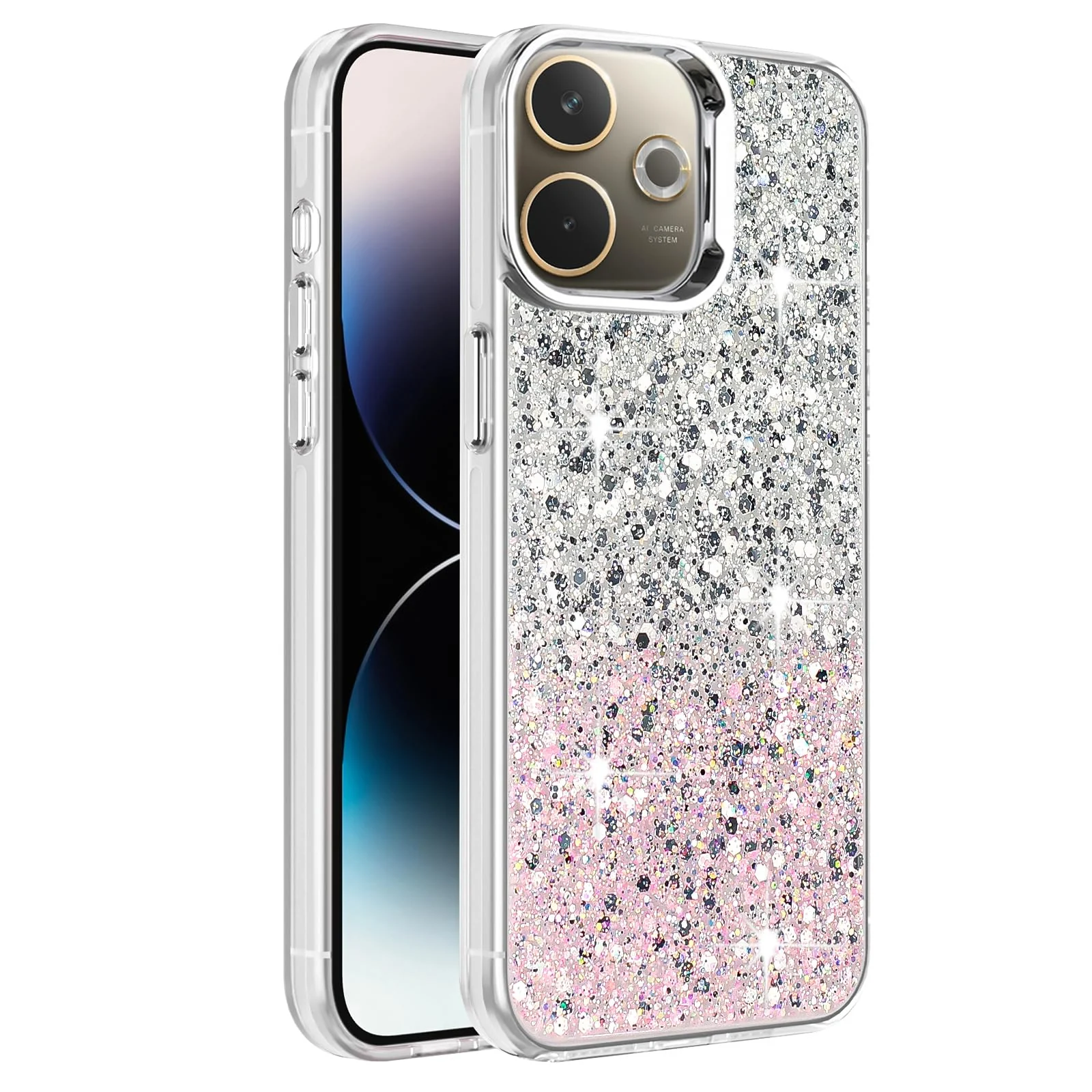 Dl3 Mobilak Compatible with OPPO A5 Pro Case, Clear Glitter Bling Sparkly, Soft TPU Frame Bumper, Hard-Back Cover for Women & Girls, Transparent Protective Phone Case (Green Purple)