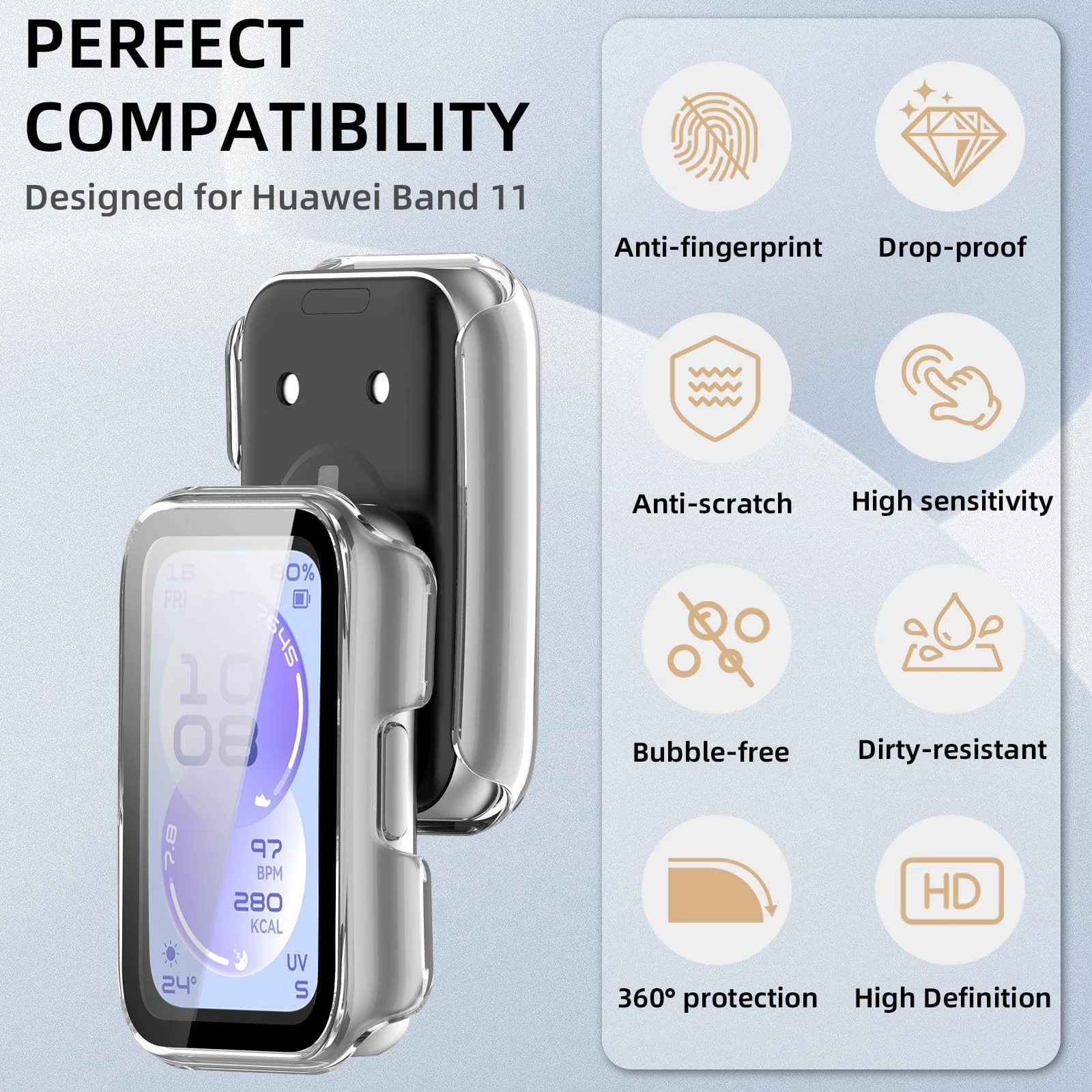 DL3 Mobilak Case with Screen Protector for Huawei Band 11, Bumper Full Coverage Hard PC Overall Protective Cover, Built-in Tempered Glass Film High Sensitivity For Huawei Band 11 - Clear
