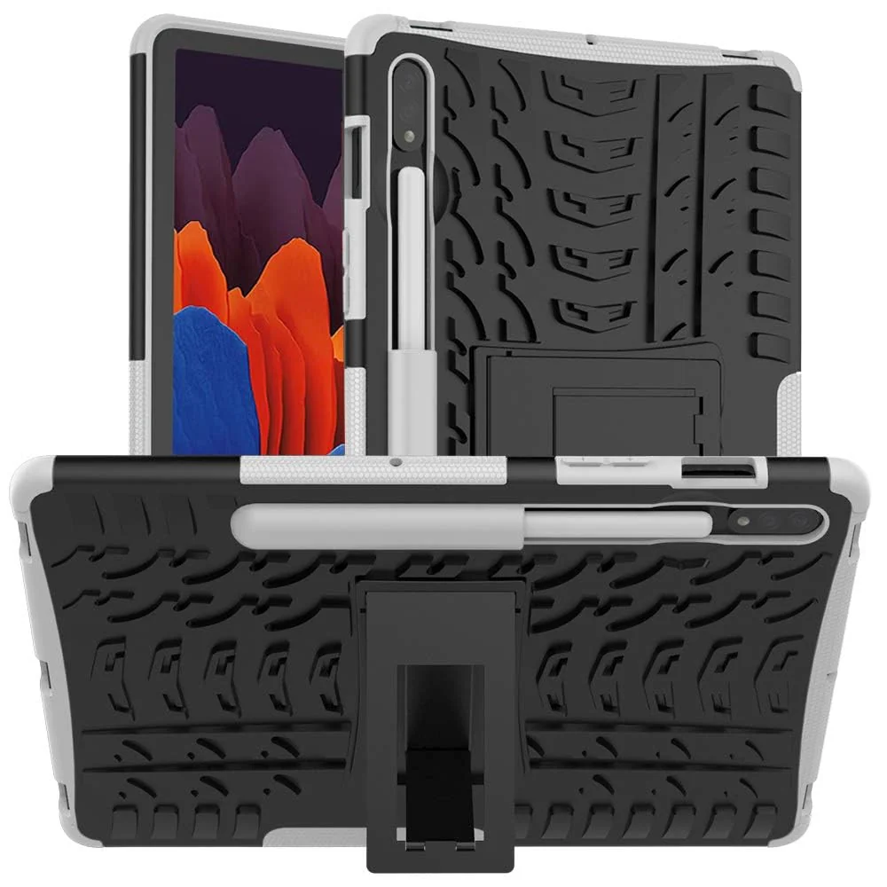 DL3 Mobilak Case For Samsung Galaxy Tab S8 Plus 2022/S7 FE 2021/S7 Plus 2020 12.4 Inch, Hybrid Rugged Armor Heavy Duty 2 in 1 TPU + PC Combo Dual Layer Shockproof Case with Kickstand - White