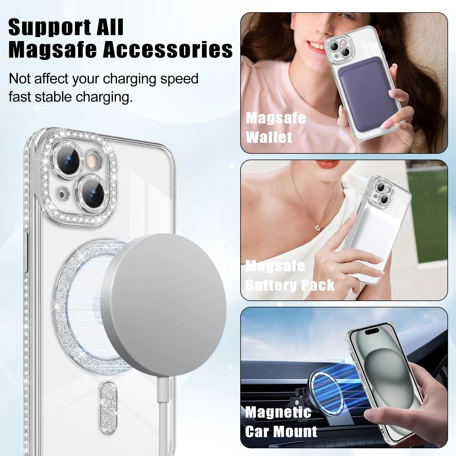 DL3 Mobilak MagSafe-Compatible Magnetic Case for iPhone 15 with Camera Protection and Magnetic Car-Mount Support - Silver