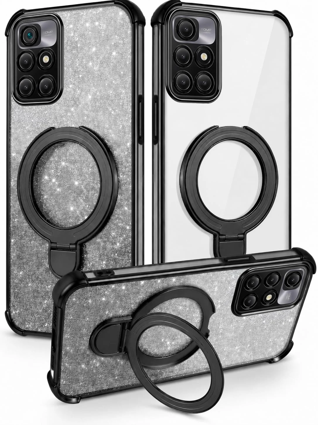 MOBIGON Glitter Phone Case with Magnetic Ring Stand for Xiaomi Redmi 10 4G (2021/2022), Black