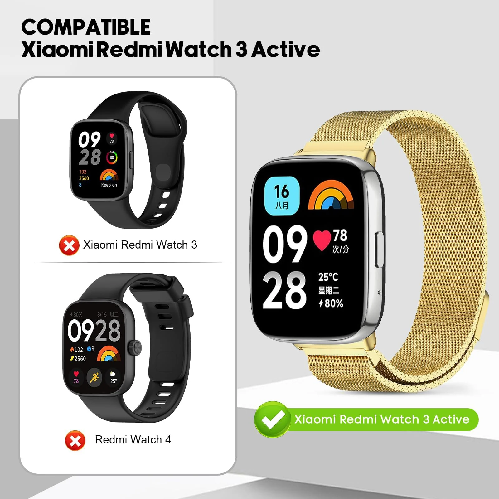 DL3 Mobilak Bracelet Compatible with Xiaomi Redmi Watch 3 Active/Redmi Watch 3 Lite, Stainless Steel Replacement Strap, Mesh Metal Watch Strap, Magnetic Adjustable Replacement Band For Men Women - Gold