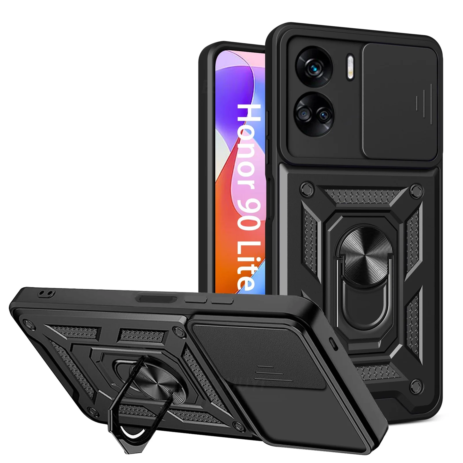 Dl3 Mobilak Case for Honor 90 Lite with Slide Camera Cover, Military Grade Shockproof Protective Cover with Rotatable Metal Ring Kickstand [Support Magnetic Car Mount] (Rose Gold)