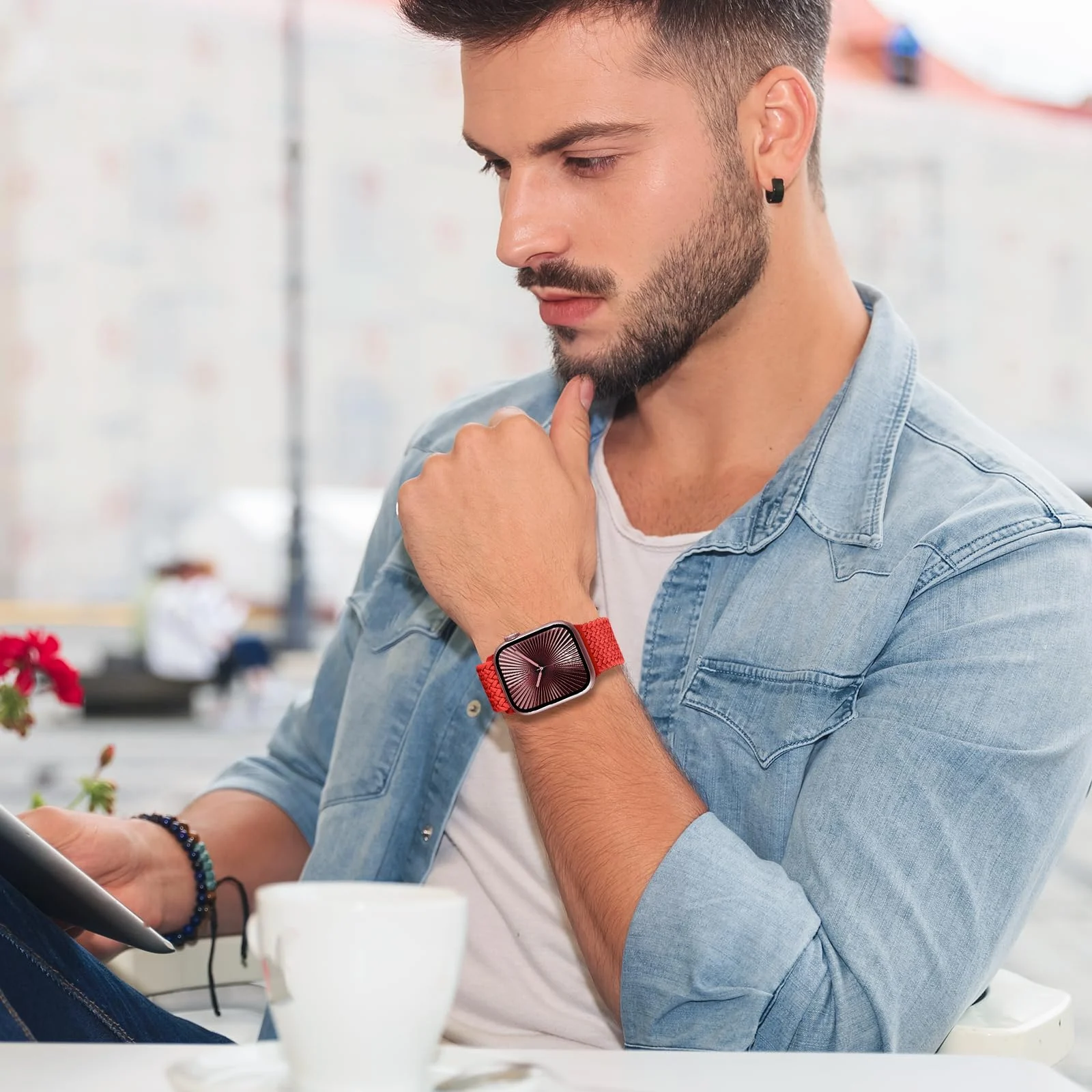 DL3 Mobilak Braided Bracelet Compatible with Redmi Watch 4/5 / 6 / Xiaomi Smart Band 8 Pro/Band 9 Pro, Nylon Magnetic Fabric Elastic Sport Nylon Replacement Strap for Men Women - Red