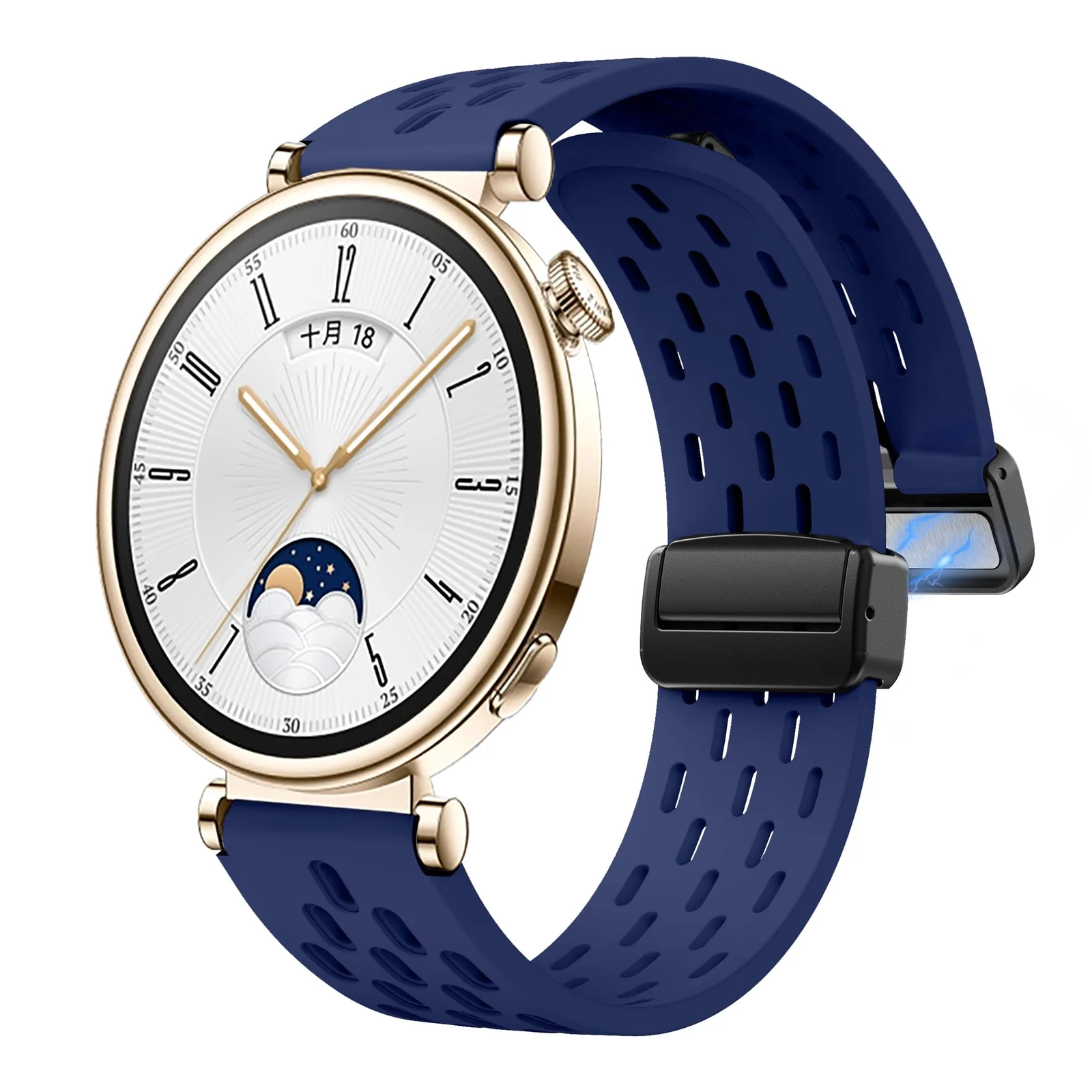 DL3 Mobilak 18mm Silicone Strap For Huawei Watch GT 6 41mm/GT 5 Pro 42 mm/GT 5 41mm/GT4 41 mm/Watch 5 42mm Magnetic Metal Buckle Sport Silicone Breathable Strap, Band Soft Replacment Wristband - Midnight Blue