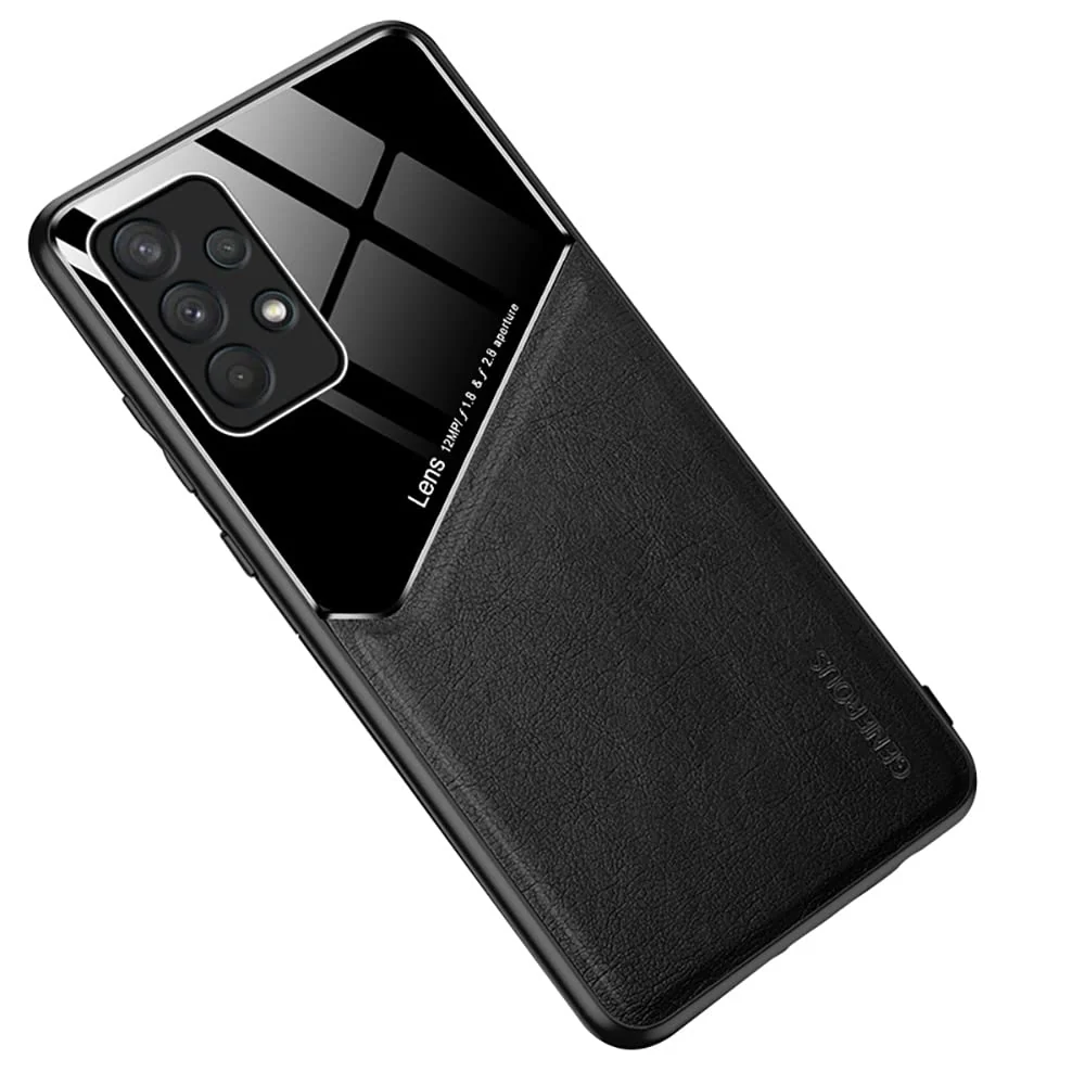 DL3 Mobilak Faux Leather and Plexiglass TPU Case for Samsung Galaxy A25 with Magnetic Car-Mount Support and Shockproof Design - Black