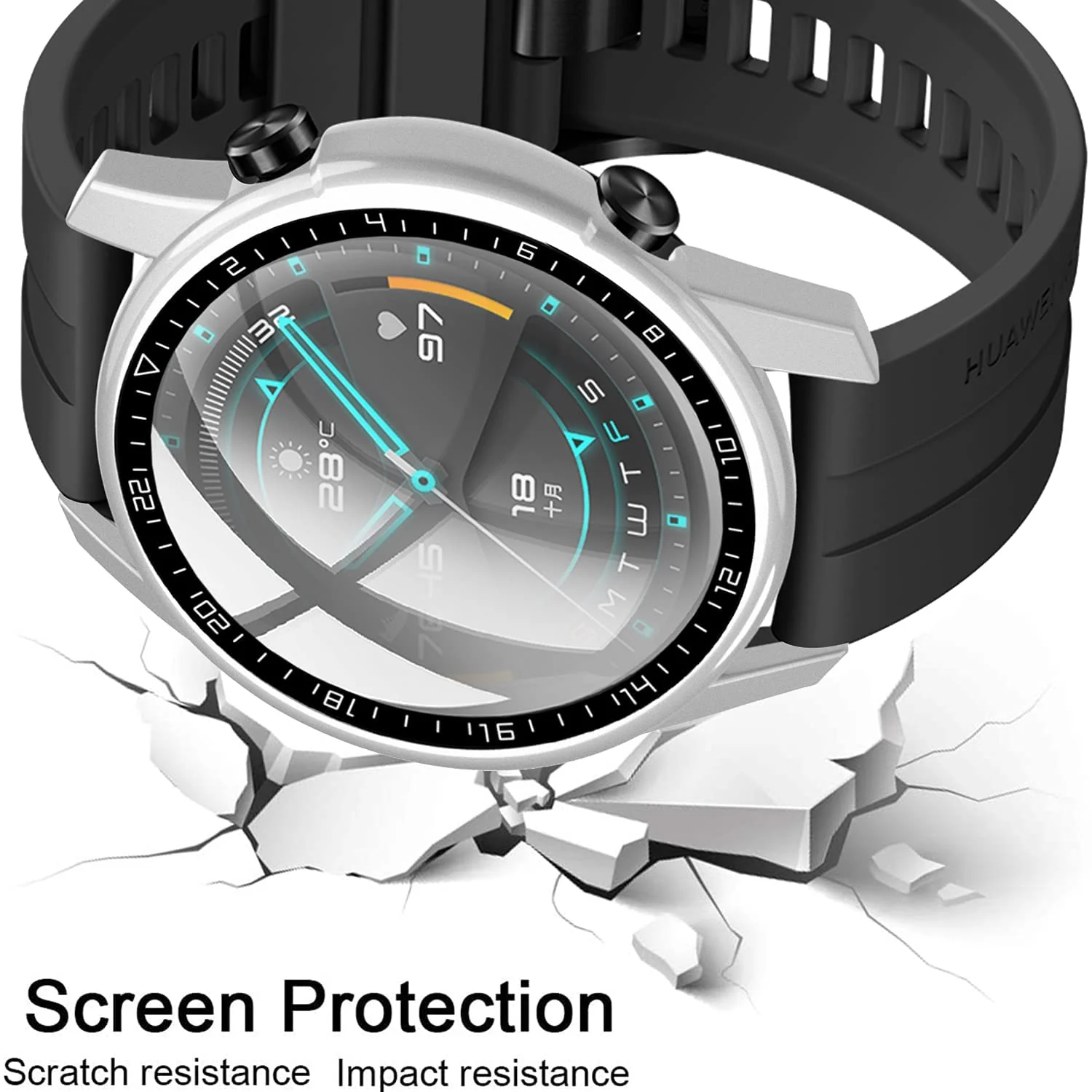 DL3 Mobilak Case Compatible with Huawei Watch GT2 46mm PC Cover with Bezel Tempered Glass Protection, Ultra Thin Full Protection for Huawei Watch GT 2 46 mm Protective Case - Silver