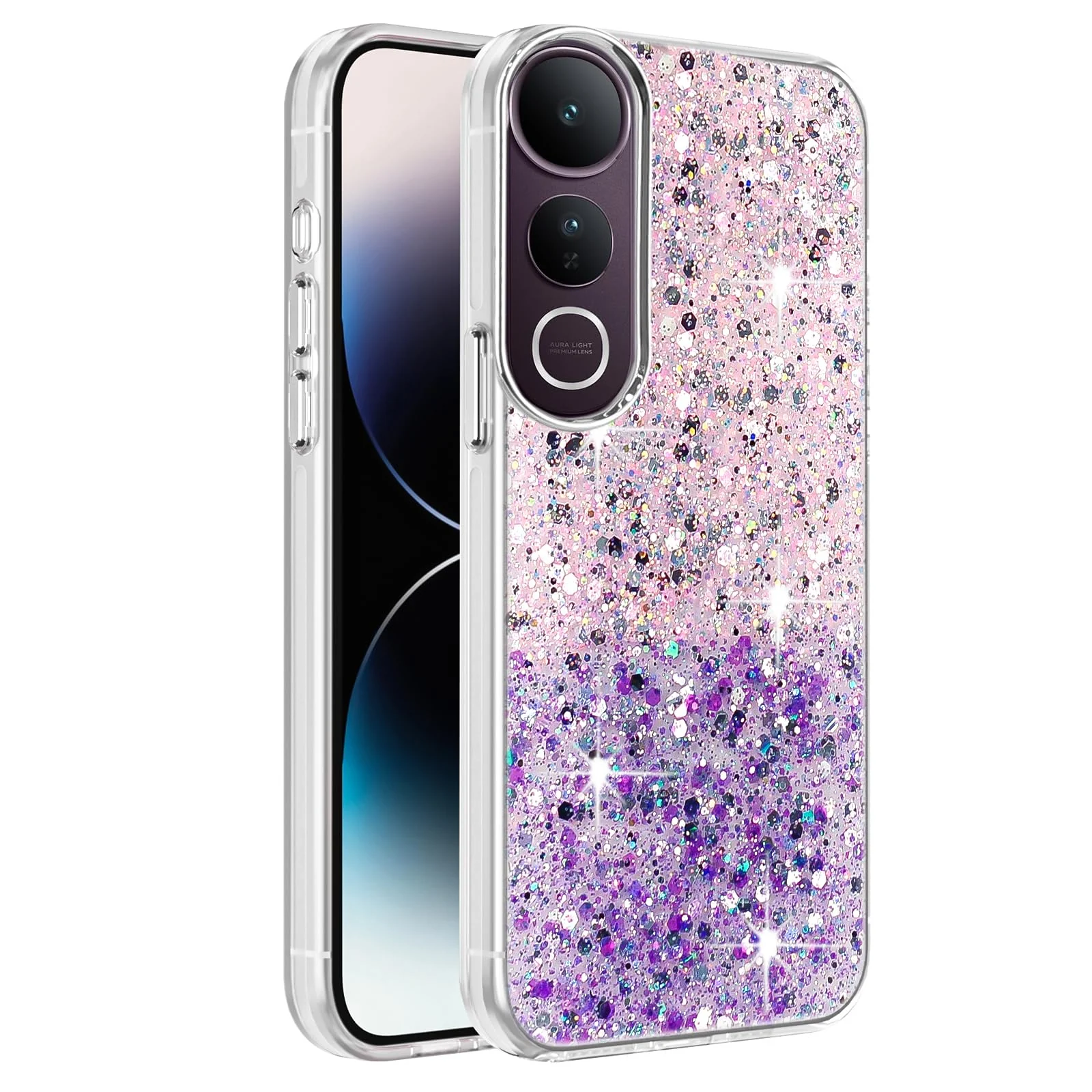 Dl3 Mobilak Compatible with Vivo V50 Lite 4G / 5G Case, Clear Glitter Bling Sparkly, Soft TPU Frame Bumper, Hard-Back Cover for Women & Girls, Transparent Protective Phone Case (Pink Green)
