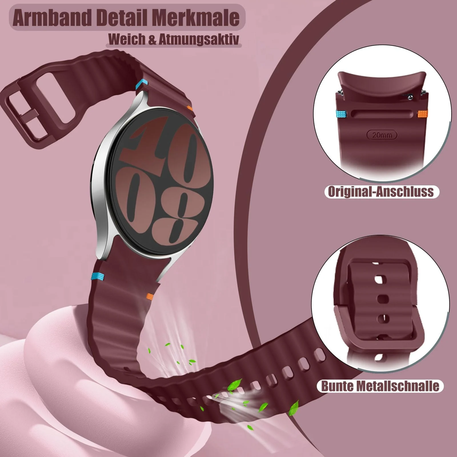 DL3 Mobilak No Gap Sport Bands For Samsung Galaxy Watch 7 6 5 4 FE Strap 40mm 44mm, Soft Silicone Sport Band for Galaxy Watch 6 Classic Straps 47mm 43mm/Galaxy Watch 5 Pro/Watch 4 Classic 42mm 46mm for Men Women - Burgundy