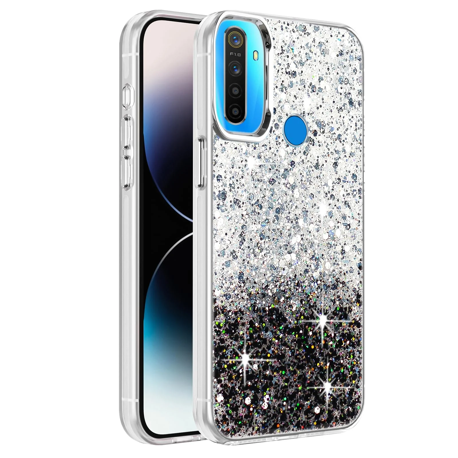 DL3 Mobilak Glitter Protective Case for OPPO realme 5 / 5s / 5i / 6i / C3 / Narzo 10A, Supports wireless charging, Camera protection, Shock-absorbing protection - White Black