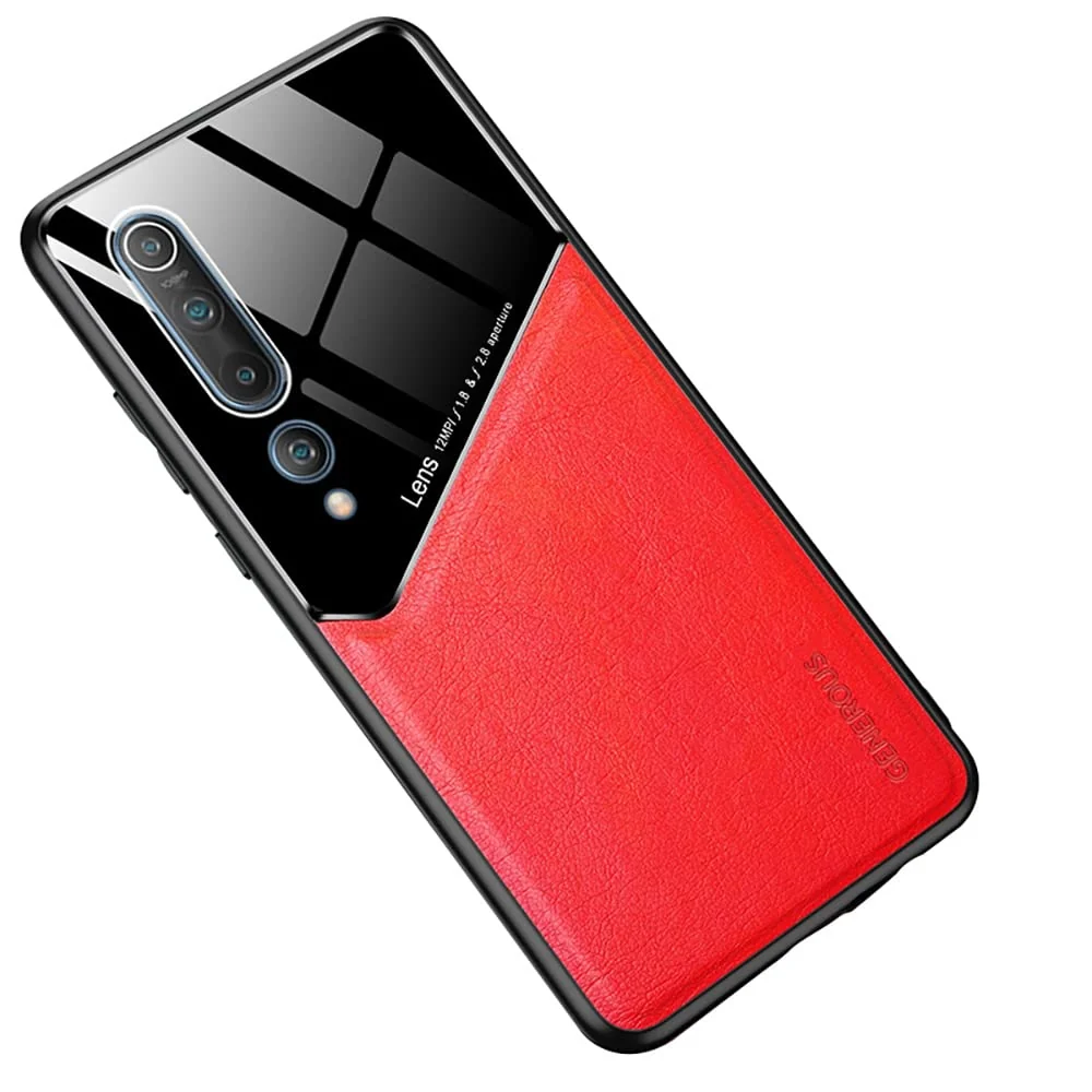 DL3 Mobilak Leather and PC Protective Case for Xiaomi Mi 10 / Mi10 Pro 5G, Built-in magnetic car-mount support, Shock-absorbing protection, Raised edges around the screen and camera - Red