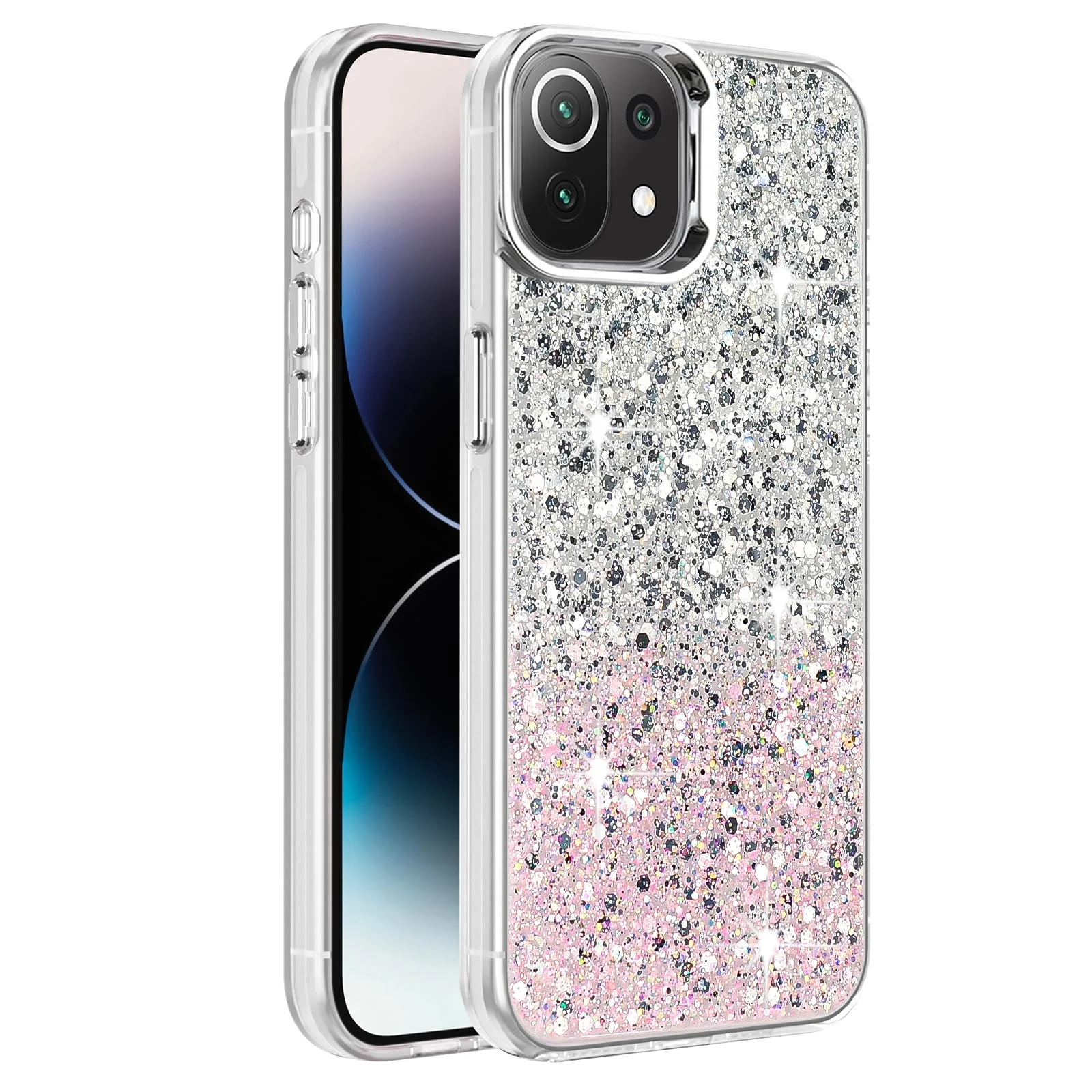 DL3 Mobilak Glitter Protective Case for Xiaomi 11 Lite 5G NE / Xiaomi Mi 11 Lite (4G / 5G), Supports wireless charging, Camera protection, Shock-absorbing protection - White Pink
