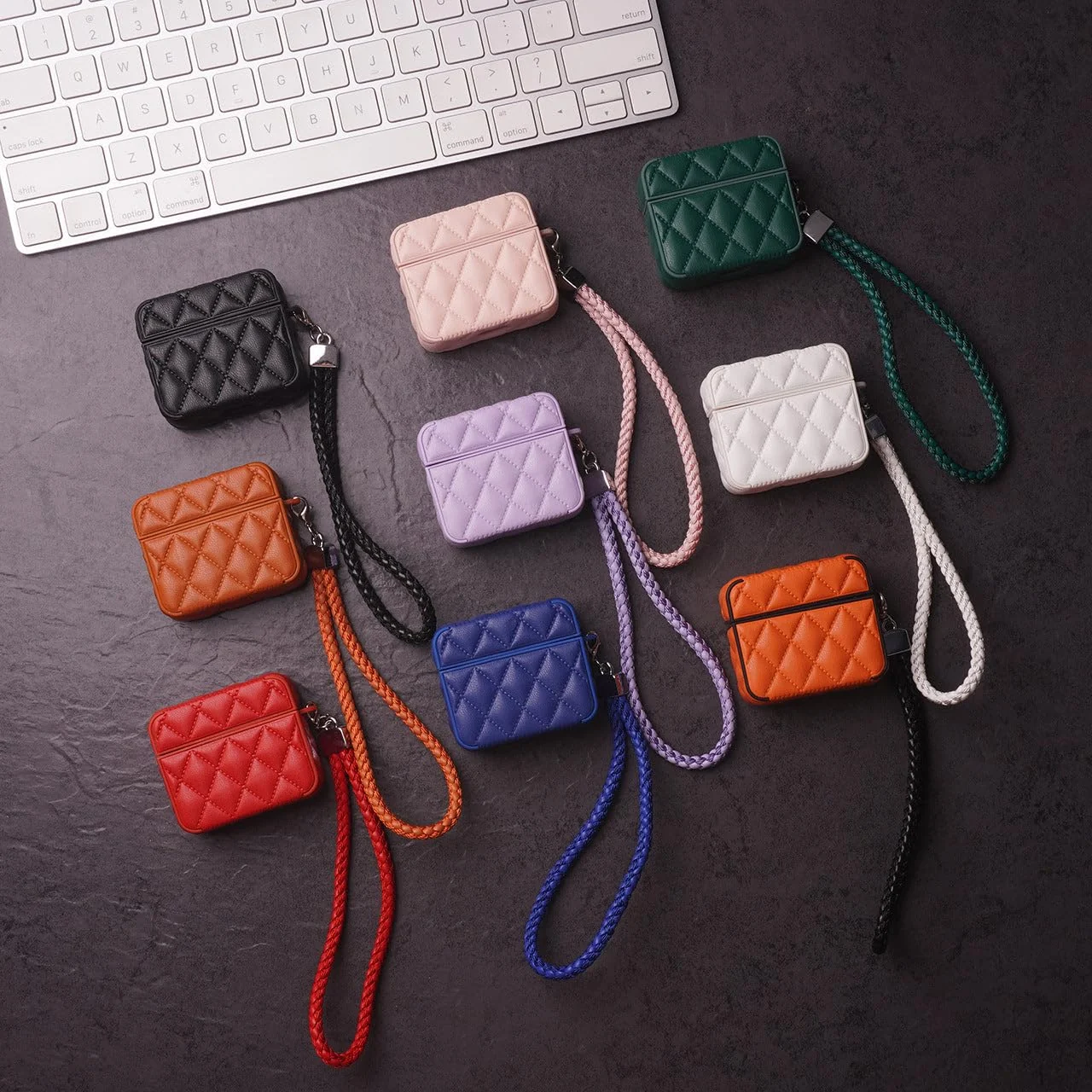 MOBIGON Diamond-Quilted PU Leather Case with Lanyard for Apple AirPods Pro 1 / 2, Green