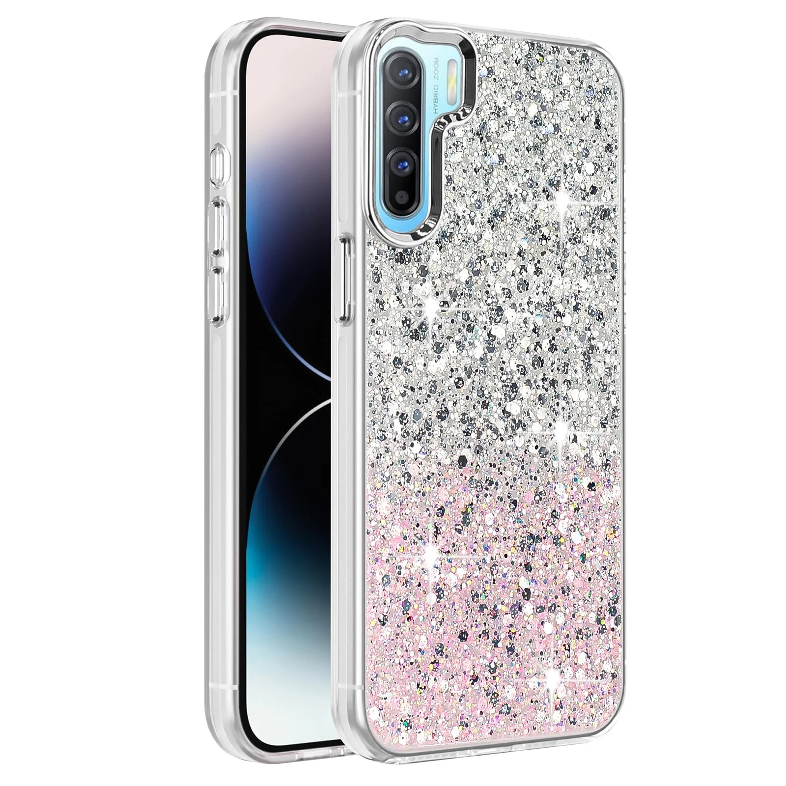 Dl3 Mobilak Compatible with Oppo Reno 3 Case, Clear Glitter Bling Sparkly, Soft TPU Frame Bumper, Hard-Back Cover for Women & Girls, Transparent Protective Phone Case (Pink Purple)
