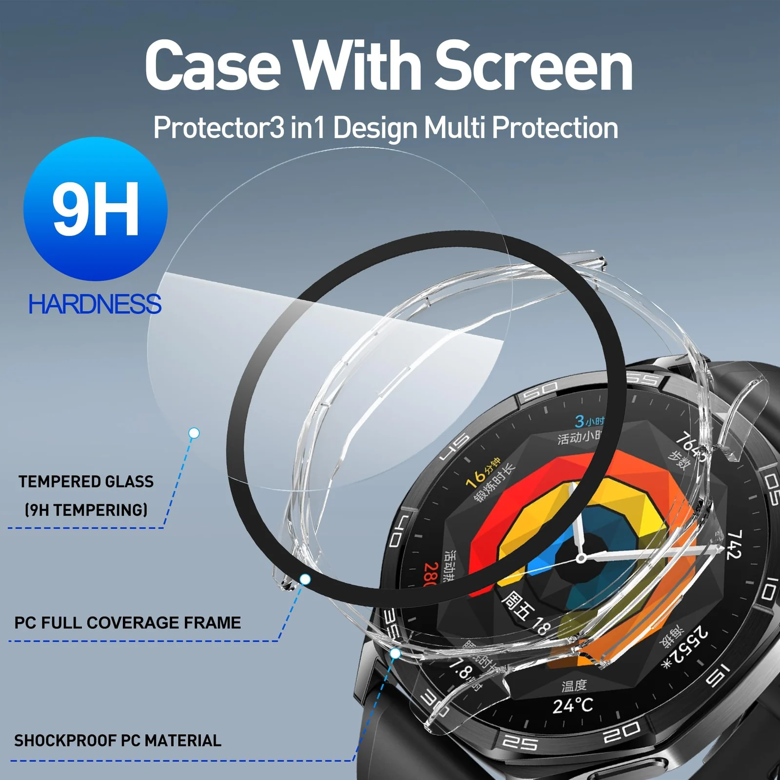 DL3 Mobilak Case with Screen Protector for Huawei Watch GT5 46 mm, Bumper Full Coverage Hard PC Overall Protective Cover, Built-in Tempered Glass Film High Sensitivity For Huawei GT 5 46mm - Clear