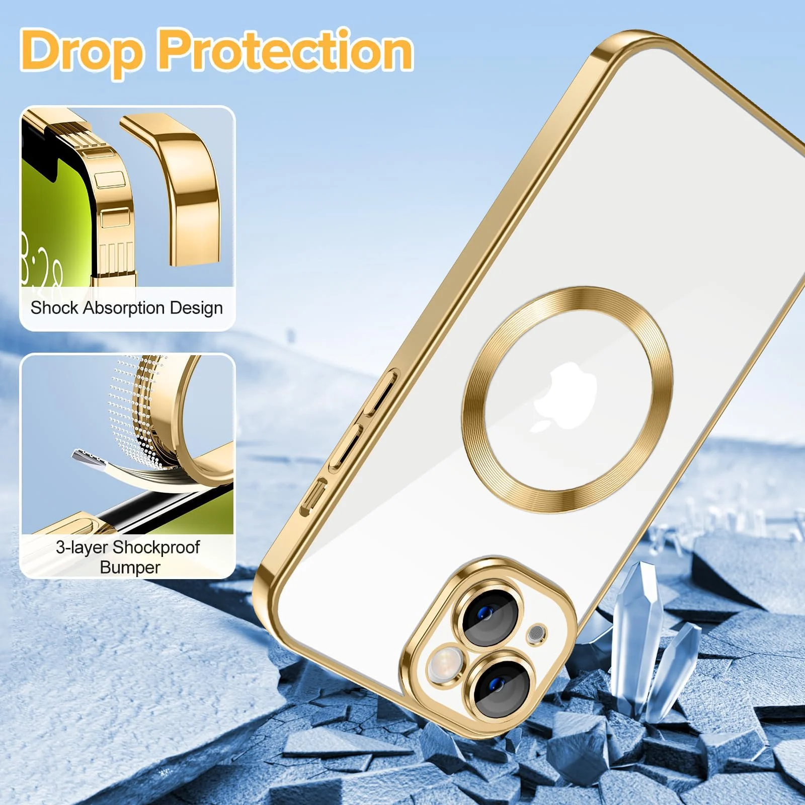 DL3 Mobilak Plated-Edge Protective Case for iPhone 14 (6.1 Inch) with Built-in, Supports wireless charging, Camera protection, Scratch-resistant surface - Gold