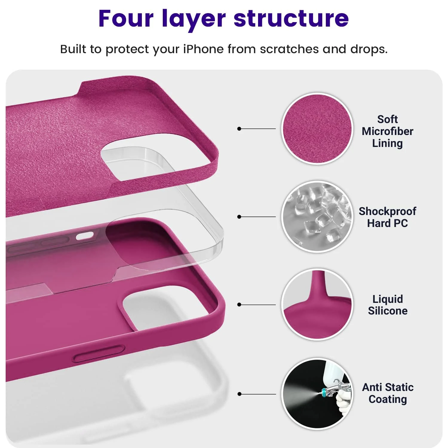 DL3 Mobilak Liquid Silicone Protective Case for iPhone 13 / iPhone 14 with Camera Protection and Microfiber Lining - Fuchsia