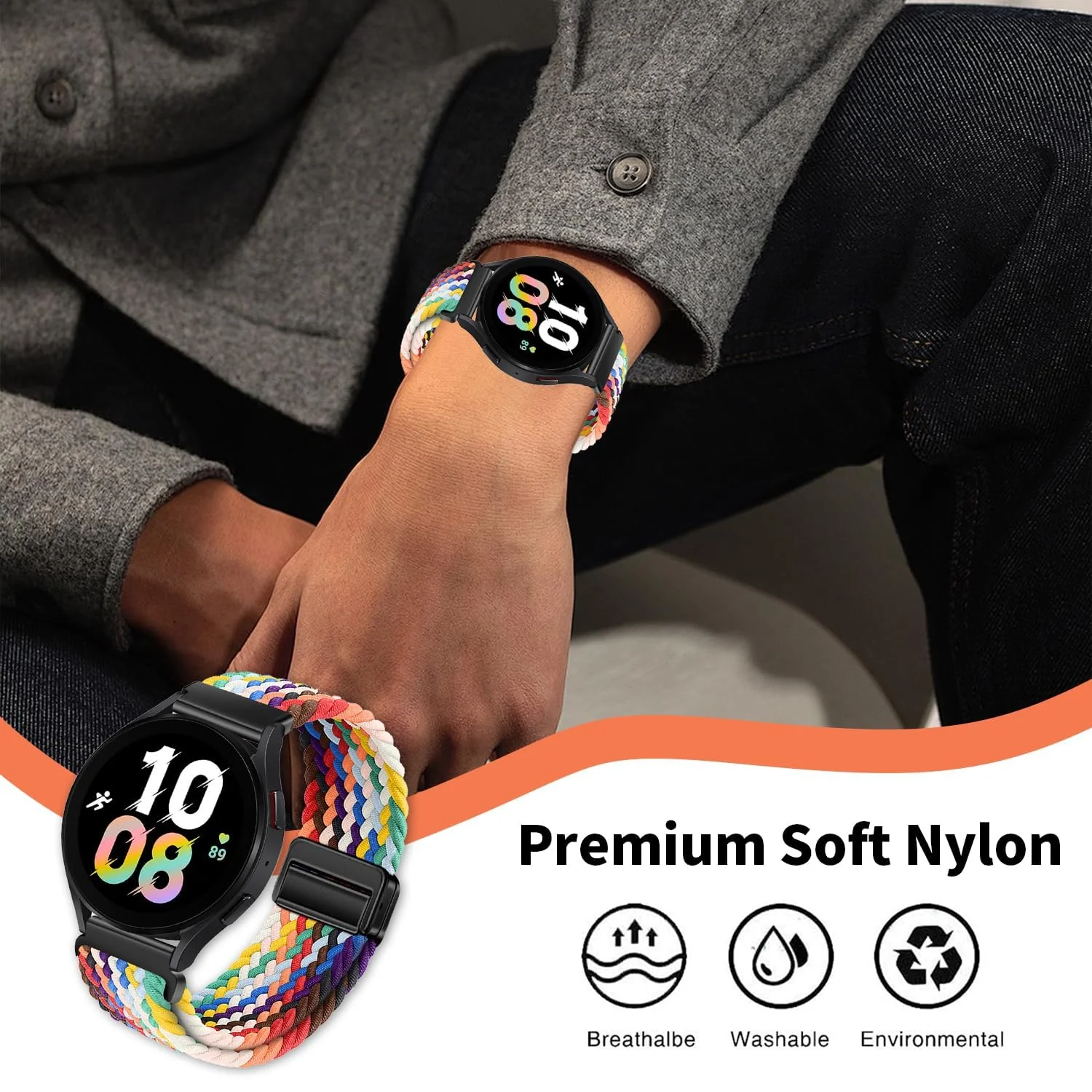 DL3 Mobilak 22mm Magnetic Band for Redmi Watch 5 Active/5 Lite/Samsung Galaxy Watch 3 45mm/Watch 46mm/Gear S3/Huawei watch GT6 GT5 46MM/GT2E/GT6 Pro/GT 5 Pro/Amazfit GTR 4/3, Stretchy Braided Nylon Sport Strap - A-official Rainbow