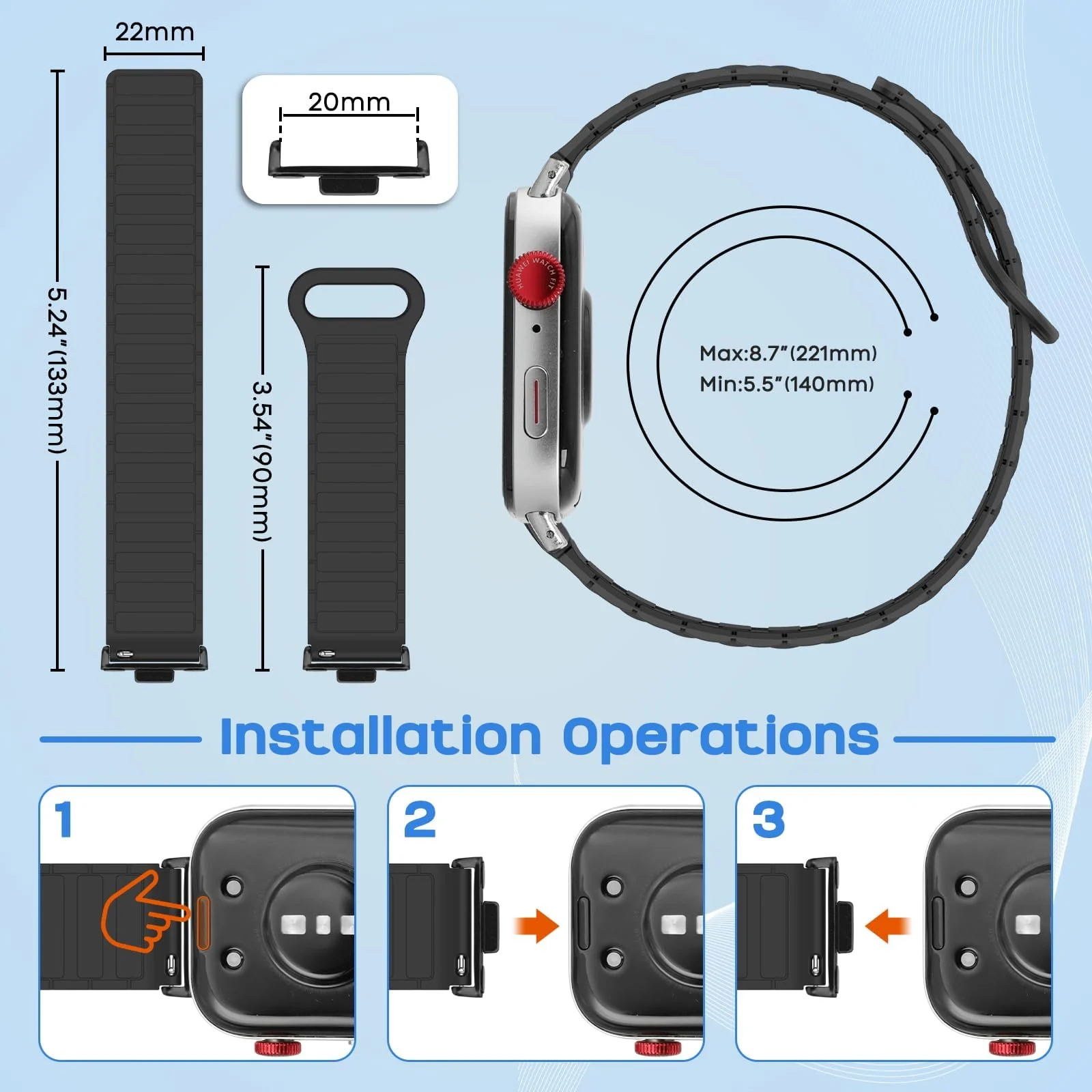 DL3 Mobilak Magnetic Strap for Huawei Watch Fit 4 Pro/Fit4/Fit 3 Replacement Straps Strong Silicone, Easy to Wear, Waterproof, Sporty, Daily Wear Watchbands for Men and Women - Black