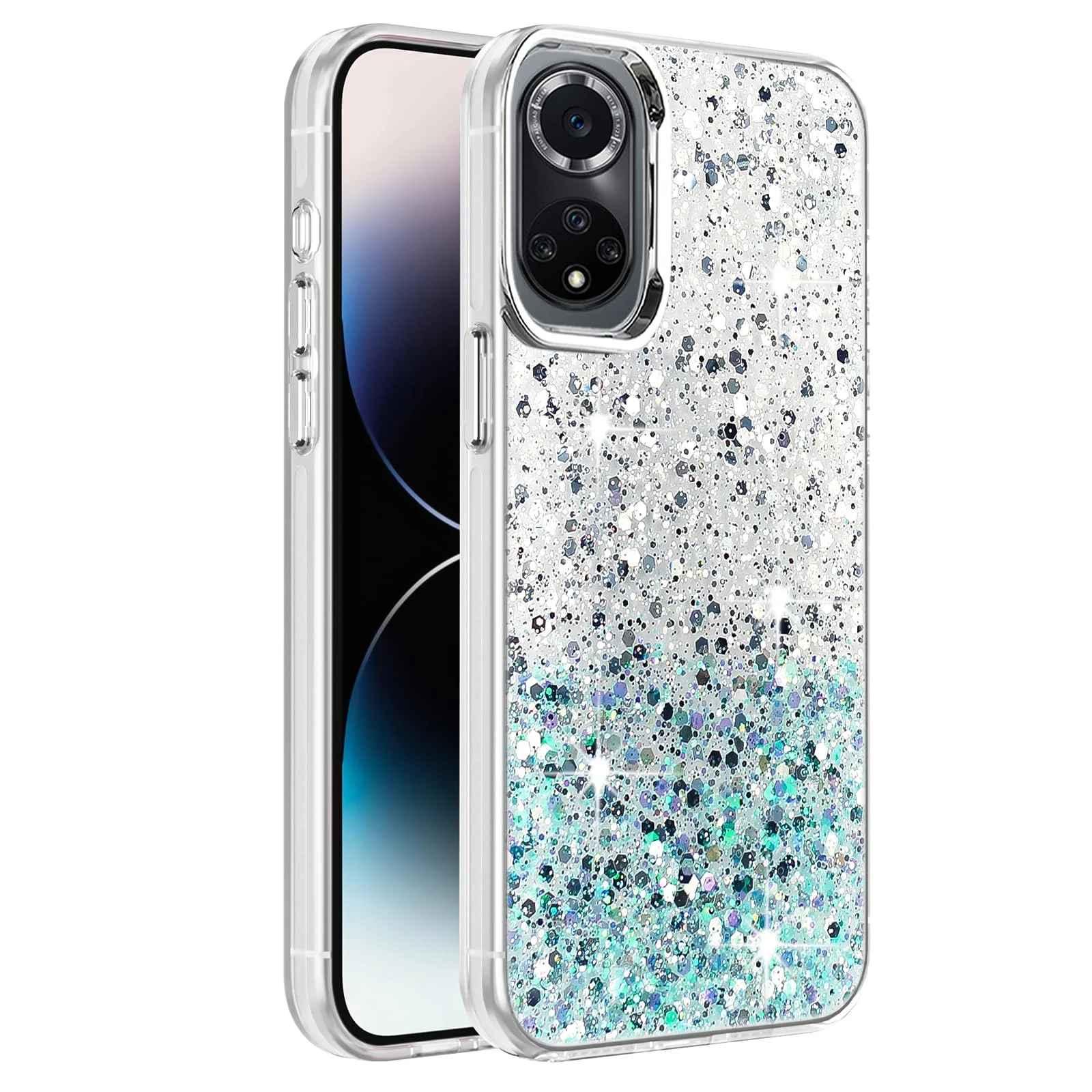 DL3 Mobilak Glitter Protective Case for Honor 50 / Huawei Nova 9, Supports wireless charging, Camera protection, Shock-absorbing protection - White Green