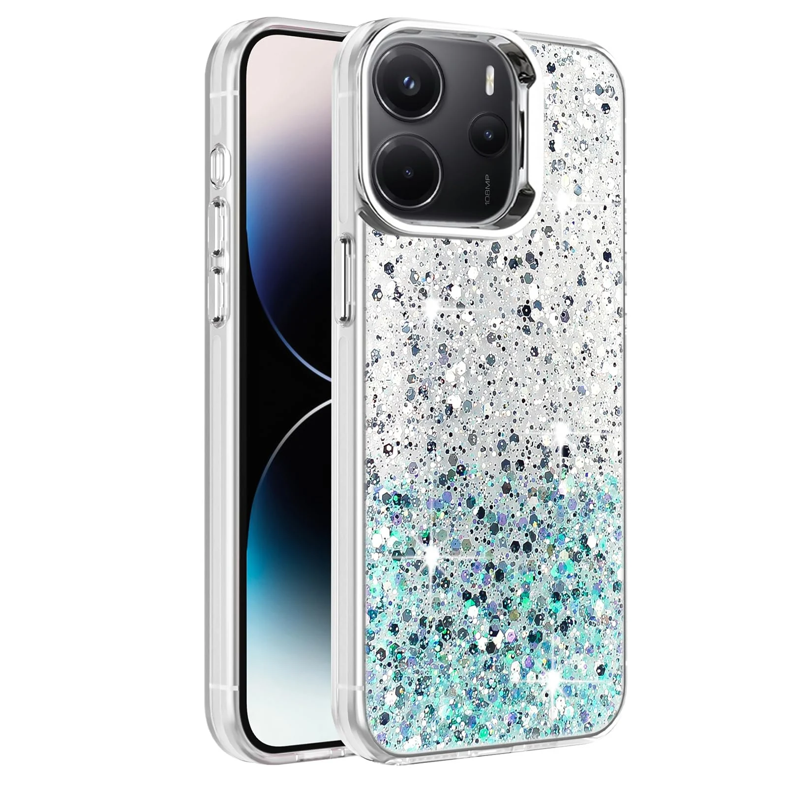 DL3 Mobilak Glitter Protective Case for Xiaomi Redmi Note 14 4G (Not 5G), Supports wireless charging, Camera protection, Shock-absorbing protection - White Green
