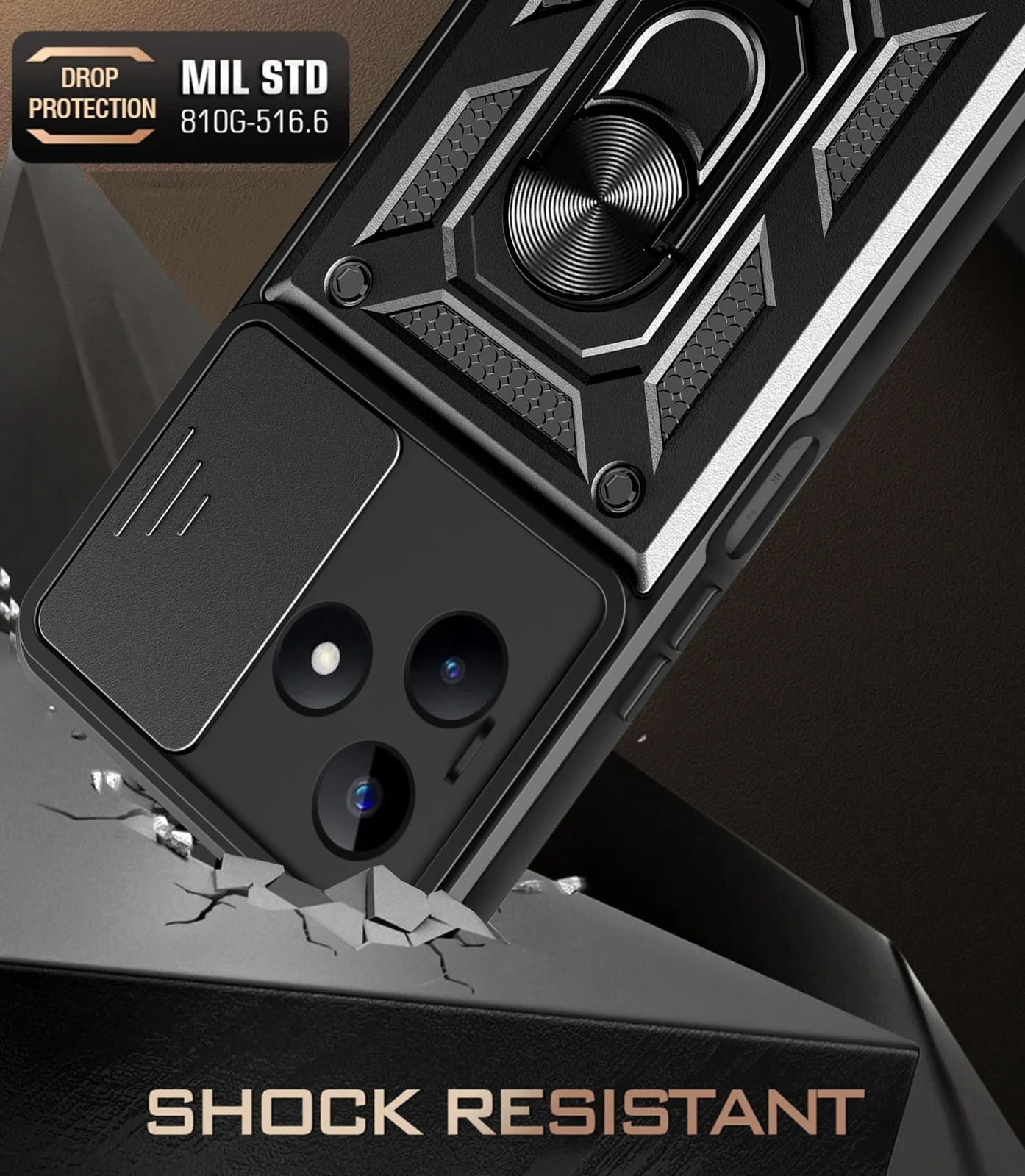 DL3 Mobilak Silicone Protective Case for realme C53 / Narzo N53 with Slide Camera, Built-in magnetic car-mount support, Shock-absorbing protection, Built-in kickstand - Black