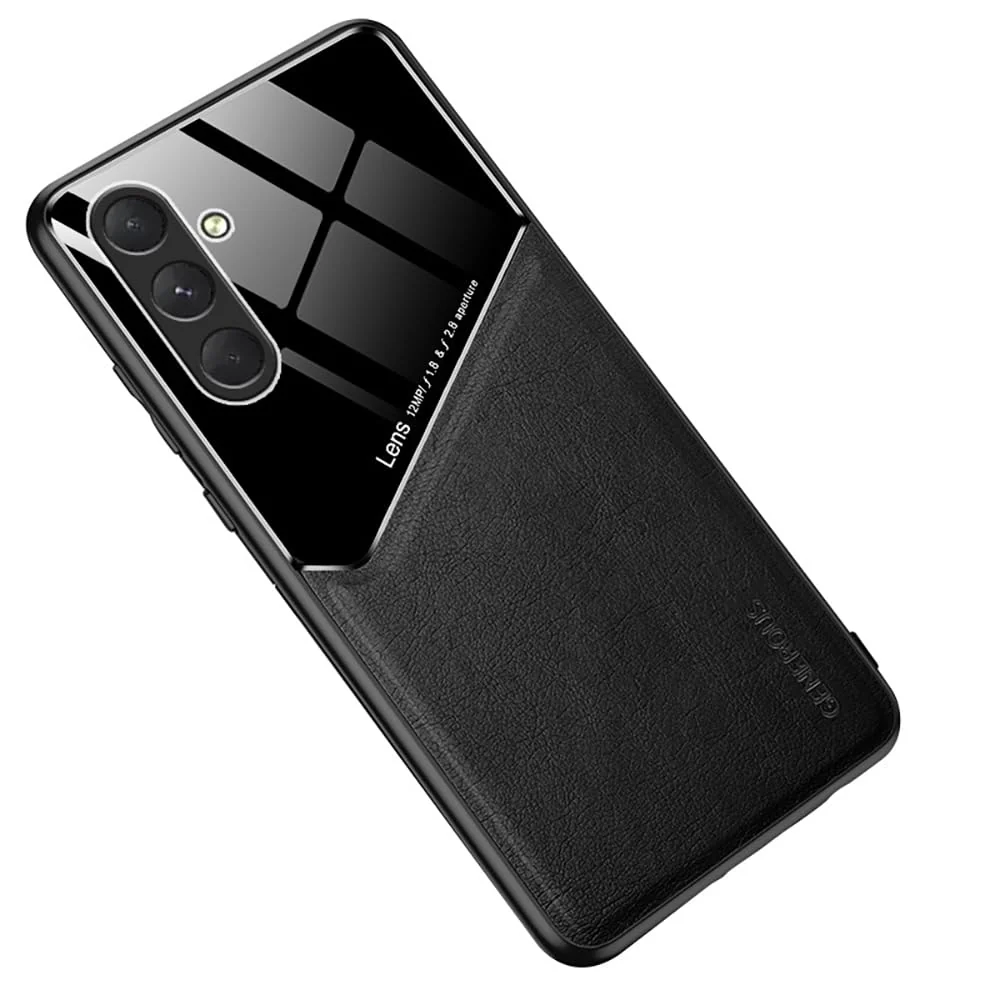 DL3 Mobilak Leather and PC Protective Case for Samsung Galaxy S24 FE 5G, Built-in magnetic car-mount support, Camera protection, Shock-absorbing protection - Black