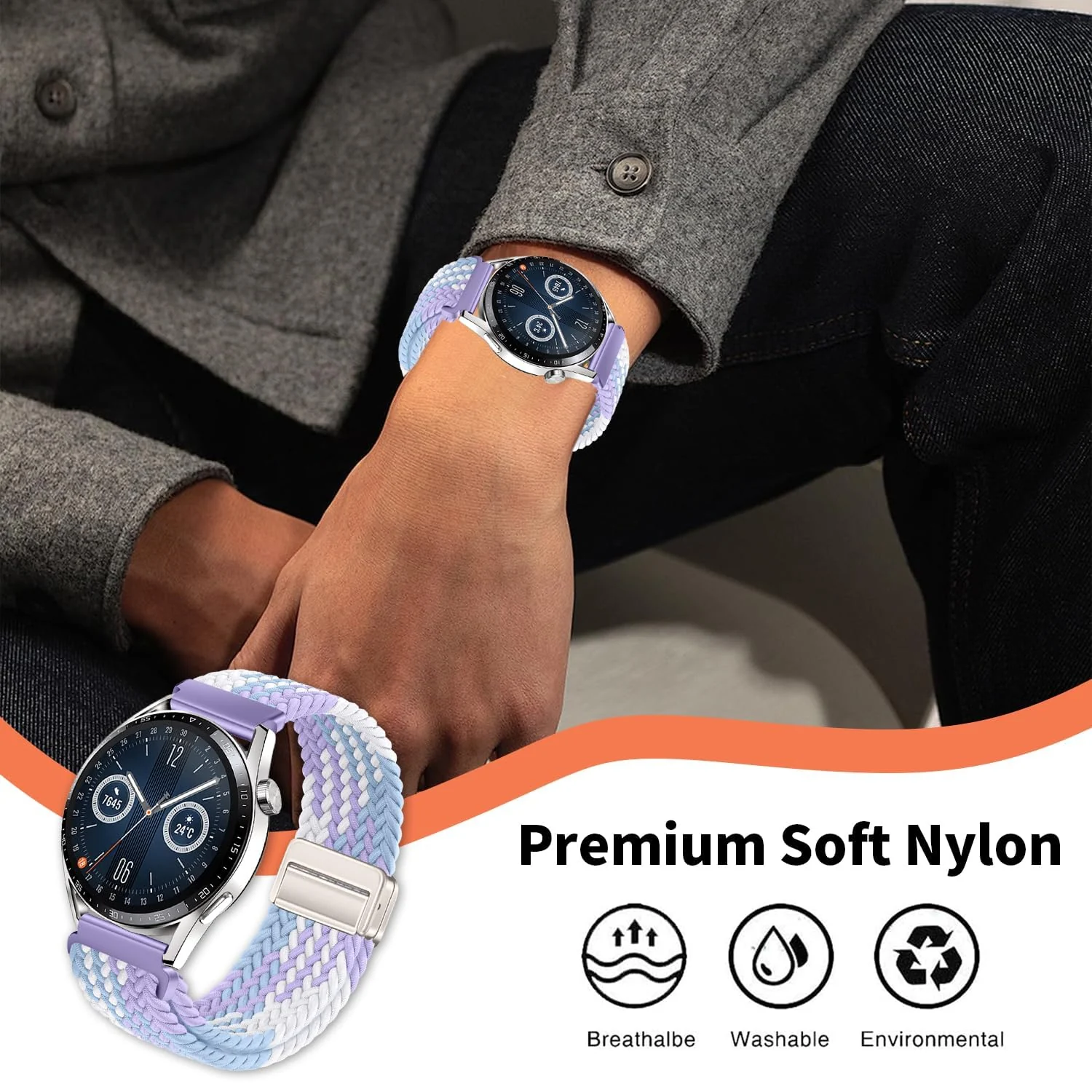 DL3 Mobilak 22mm Magnetic Band for Redmi Watch 5 Active/5 Lite/Samsung Galaxy Watch 3 45mm/Watch 46mm/Gear S3/Huawei watch GT6 GT5 46MM/GT2E/GT6 Pro/GT 5 Pro/Amazfit GTR 4/3, Stretchy Braided Nylon Sport Strap - Violets