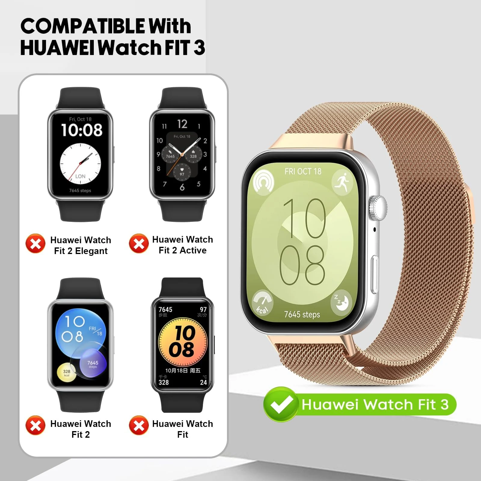 DL3 Mobilak Bracelet Compatible with Huawei Watch Fit 3, Stainless Steel Replacement Straps, Mesh Metal Watch Strap, Magnetic Adjustable Replacement Strap For Huawei Watch Fit3 - Rose Gold