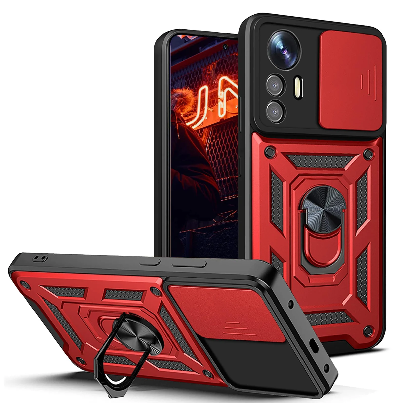 DL3 Mobilak Military-Grade Protective Case with Sliding Camera Cover, Metal Ring Kickstand and Magnetic Car-Mount Support for Xiaomi Redmi Note 12S - Red