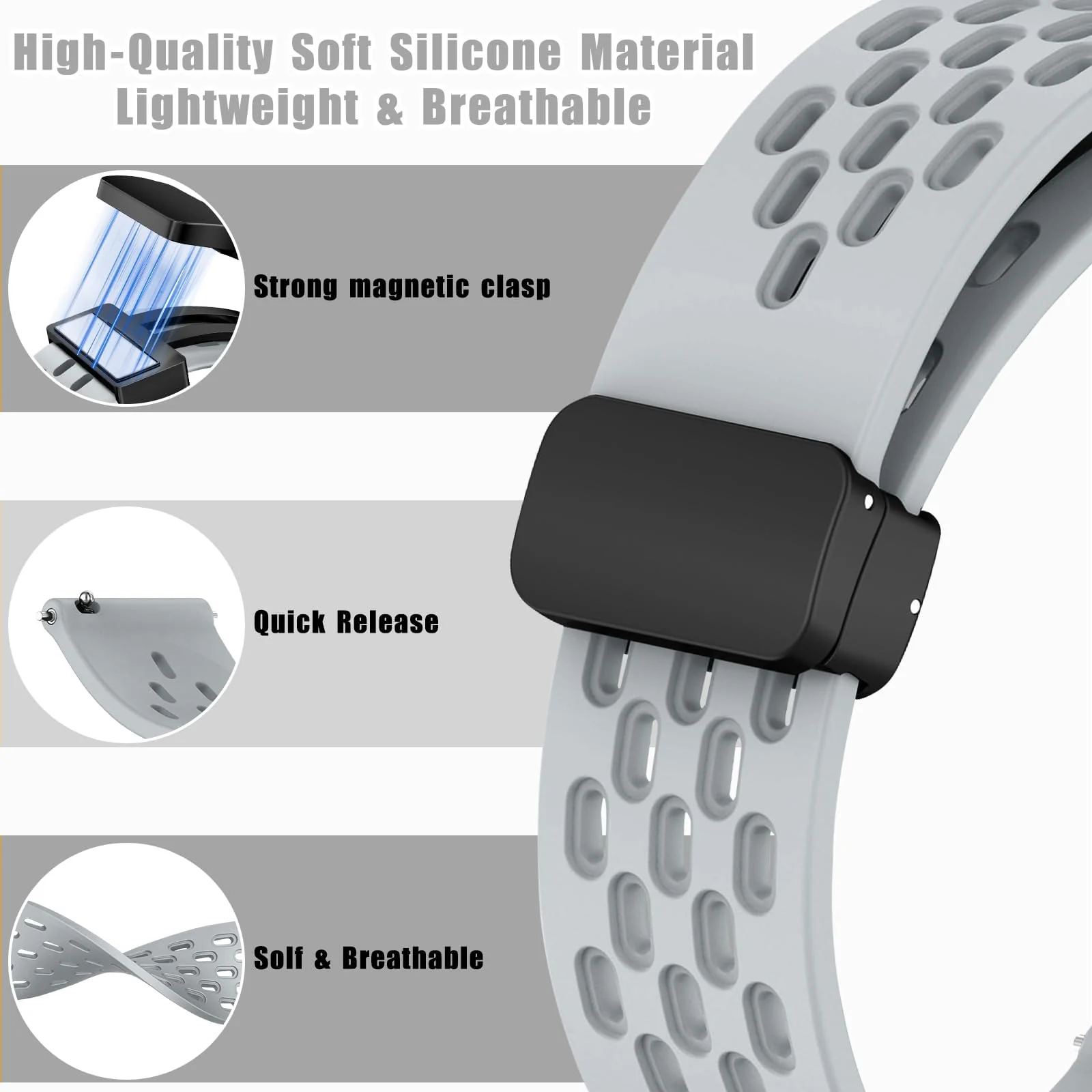 DL3 Mobilak 18mm Silicone Strap For Huawei Watch GT 6 41mm/GT 5 Pro 42 mm/GT 5 41mm/GT4 41 mm/Watch 5 42mm Magnetic Metal Buckle Sport Silicone Breathable Strap, Band Soft Replacment Wristband - Gray