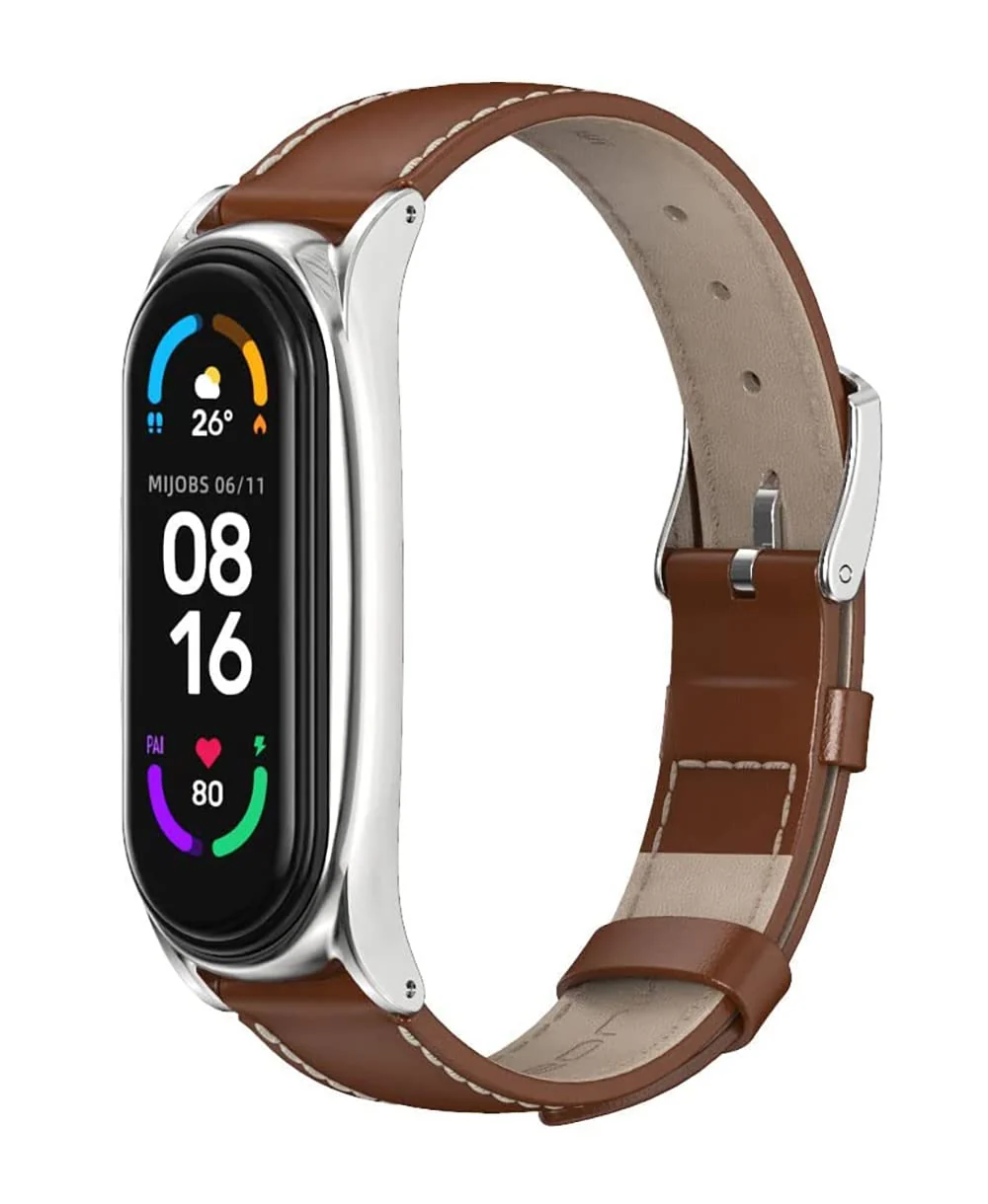 DL3 MOBILAK Strap for Mi Band 6, Mi band 5, Mi Band 4, Mi Band 3 Genuine Leather Replacement Strap Watch Wrist Band Smart Bracelet Accessories for Xiaomi Mi 6 5 4 3 Fit Band - Brown