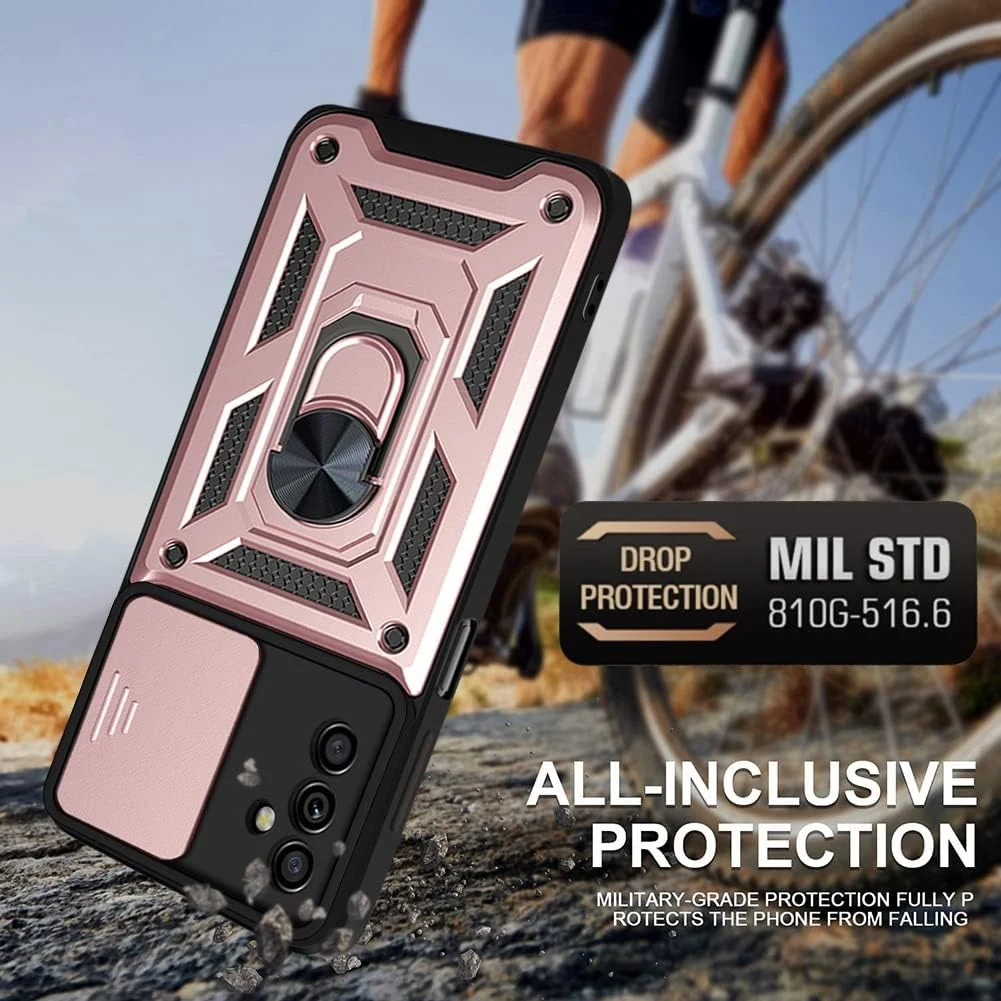 DL3 Mobilak Military-Grade Protective Case with Sliding Camera Cover, Metal Ring Kickstand and Magnetic Car-Mount Support for Samsung Galaxy A54 5G - Rose Gold