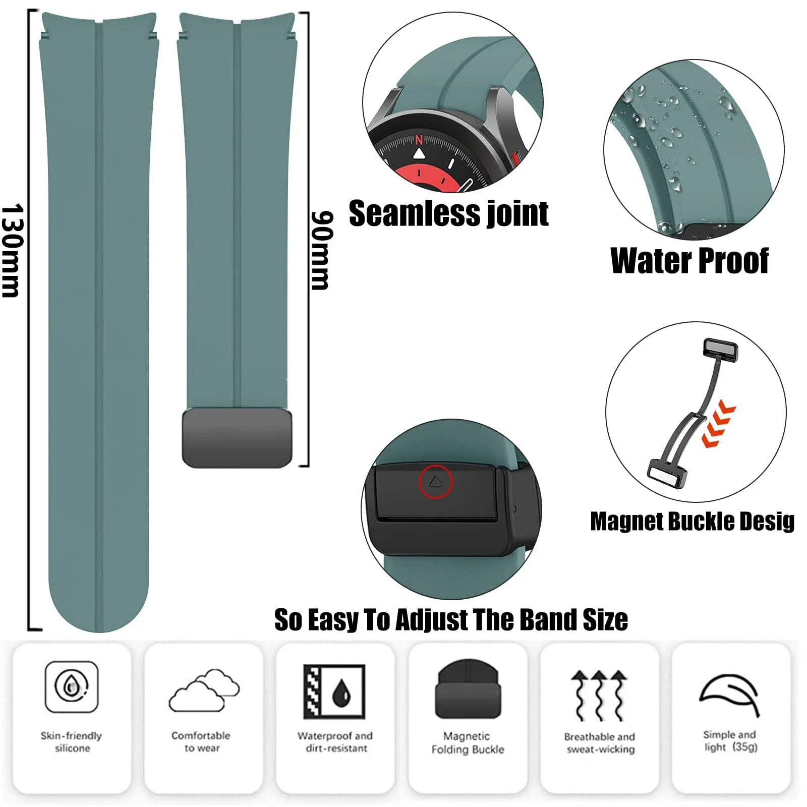 DL3 MOBILAK Magnetic Band for Samsung Galaxy Watch 6 Classic 47mm 43mm/5 Pro 45mm/Watch 7 FE 6 5 4 44mm 40mm/4 Classic 46mm 42mm,Silicone Strap for Samsung Watch 5 Pro 45mm,No Gap Buckle - A.Pine Green